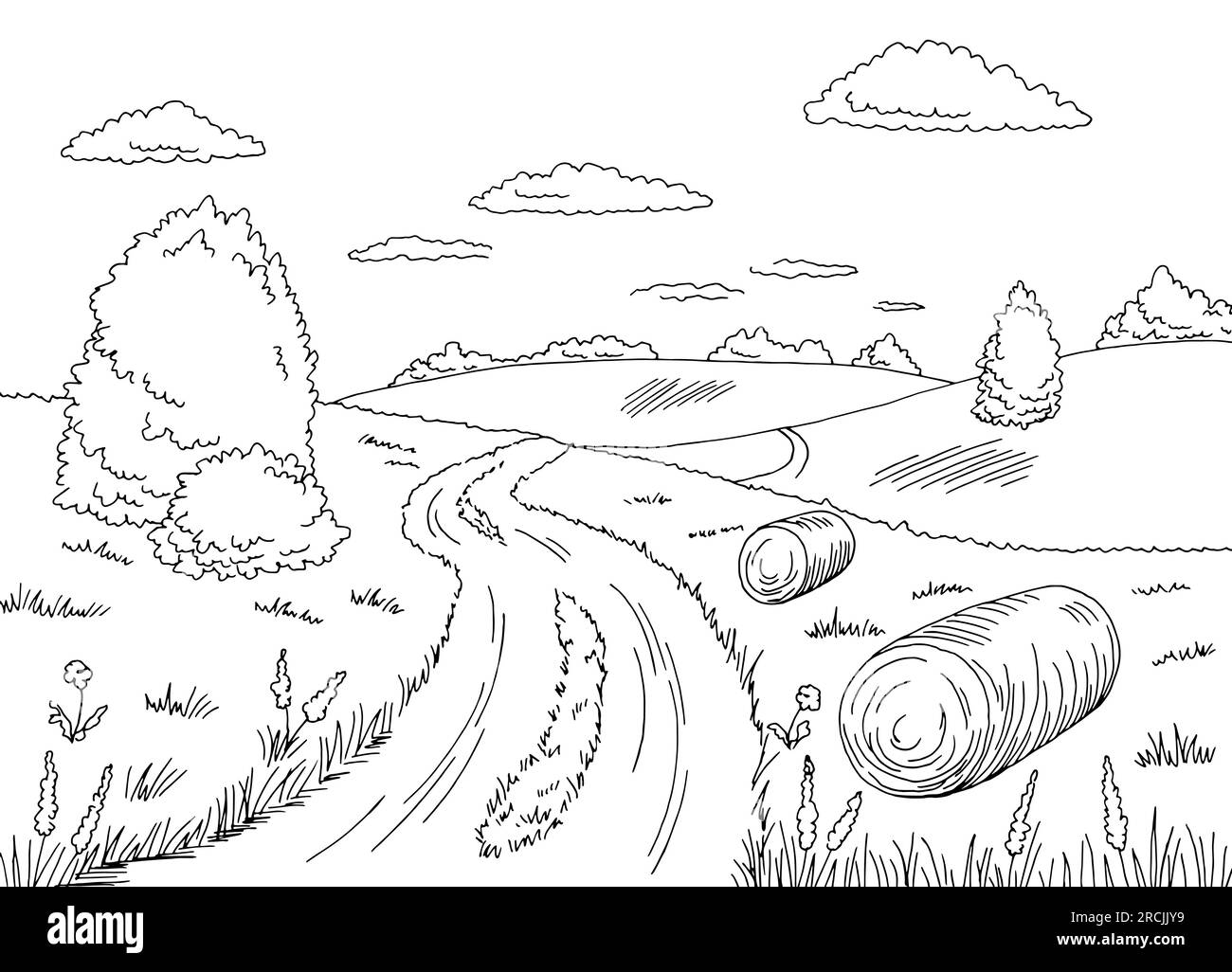 Field graphic black white landscape sketch illustration vector Stock