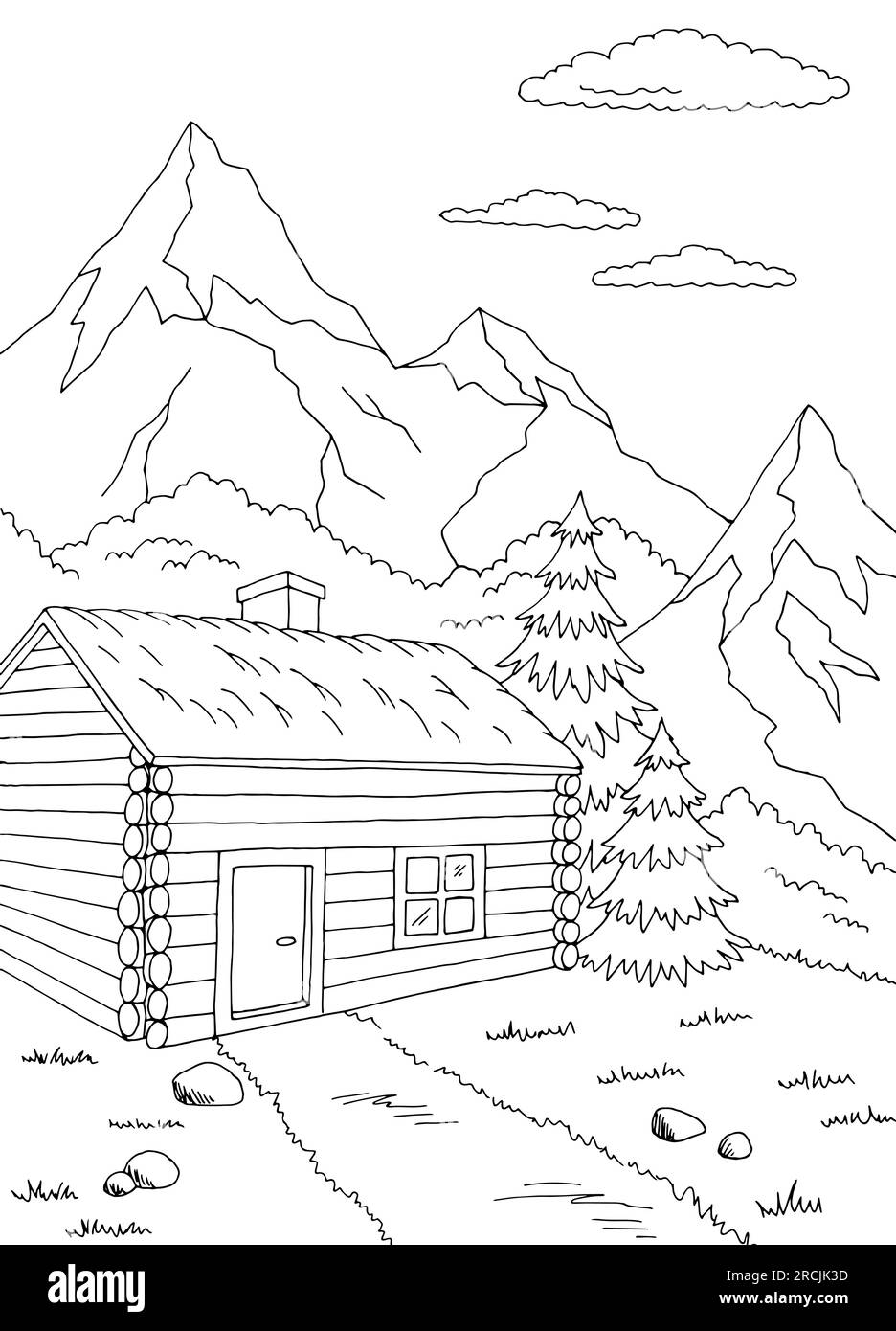 Wood house in the mountain graphic black white landscape vertical sketch illustration vector Stock Vector
