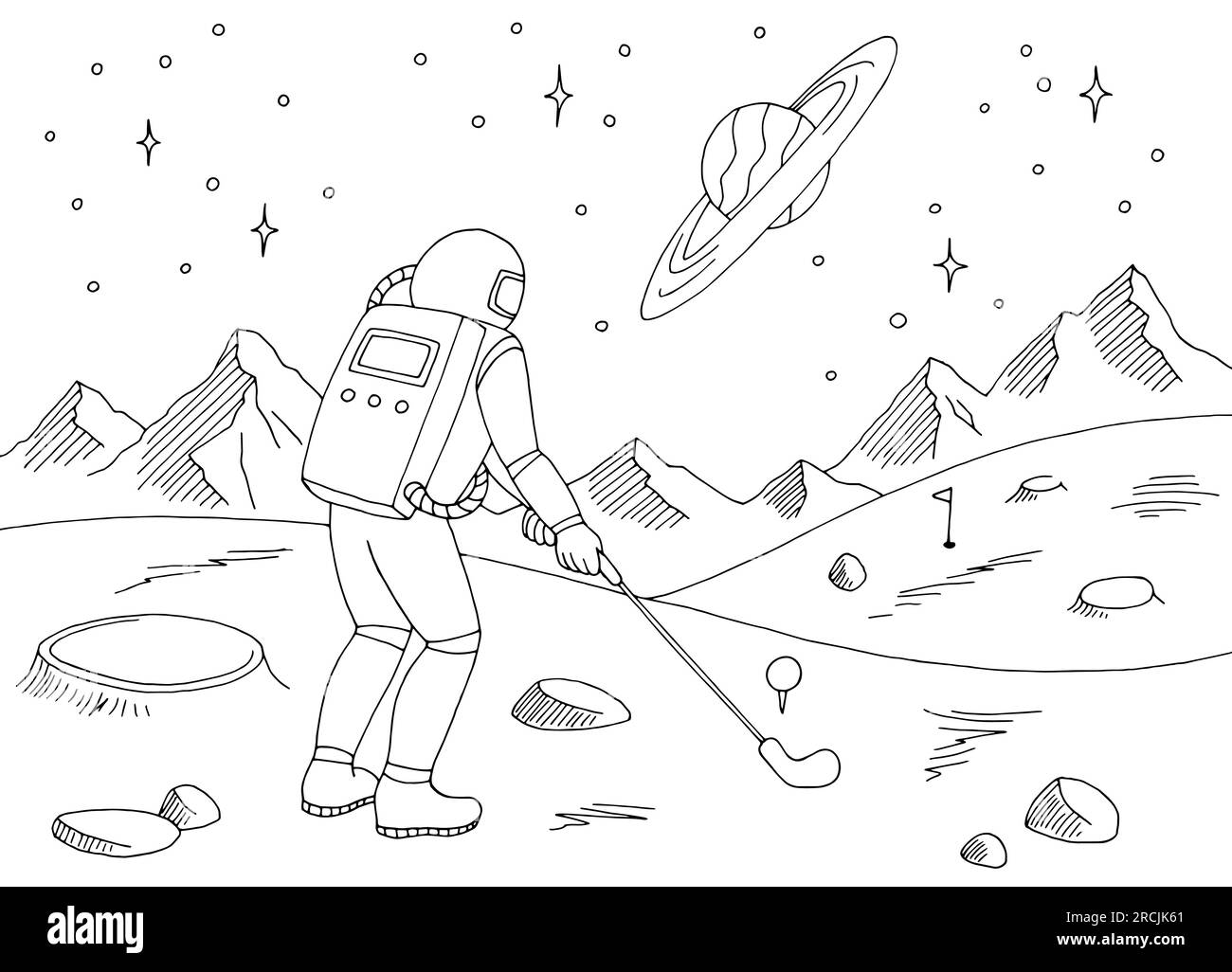 Astronaut play golf on alien planet graphic black white space landscape sketch illustration vector Stock Vector