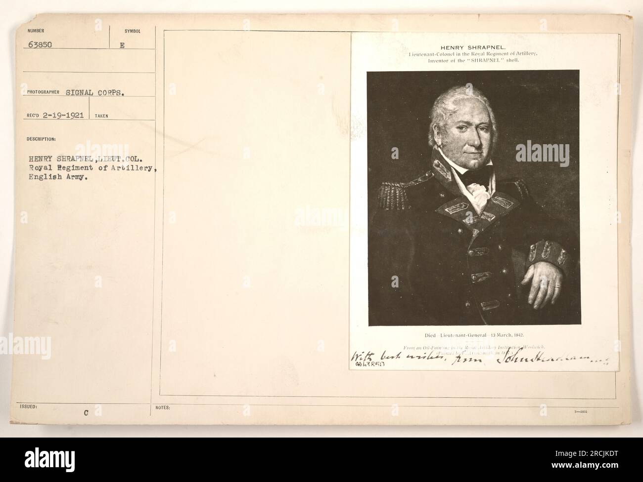 Lieutenant Colonel Henry Shrapnel, a member of the Royal Regiment of ...