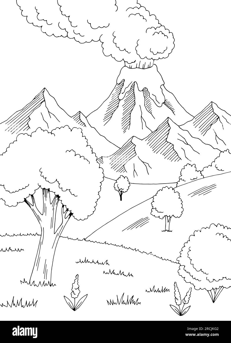 Volcano mountain hill graphic black white sketch vertical landscape illustration vector Stock Vector
