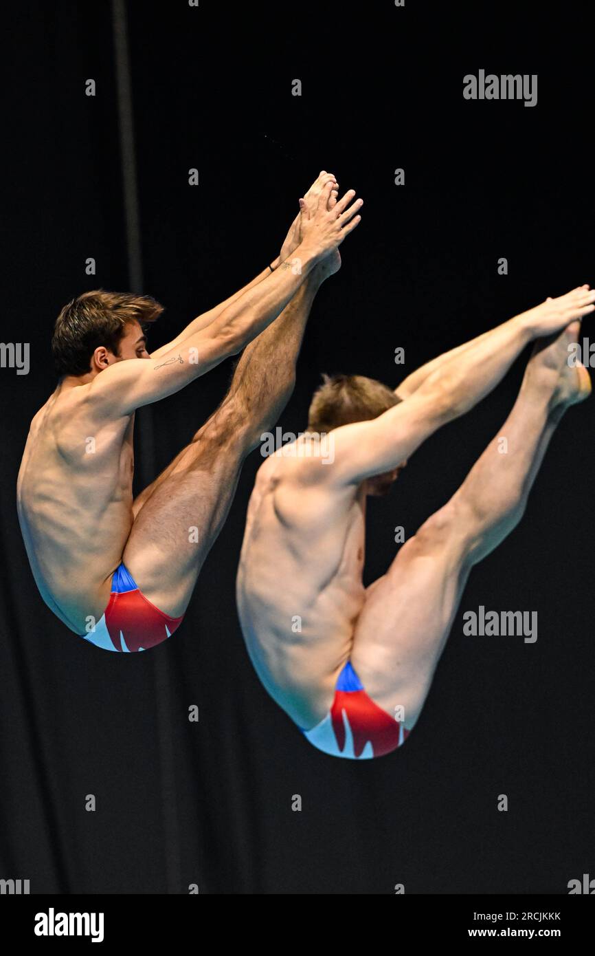 Fukuoka, Japan. 15th July, 2023. Jules Bouyer (L)/Alexis Jandard of France compete during the men's synchronised 3m springboard final of World Aquatics Championships 2023 in Fukuoka, Japan, July 15, 2023. Credit: Zhang Xiaoyu/Xinhua/Alamy Live News Stock Photo