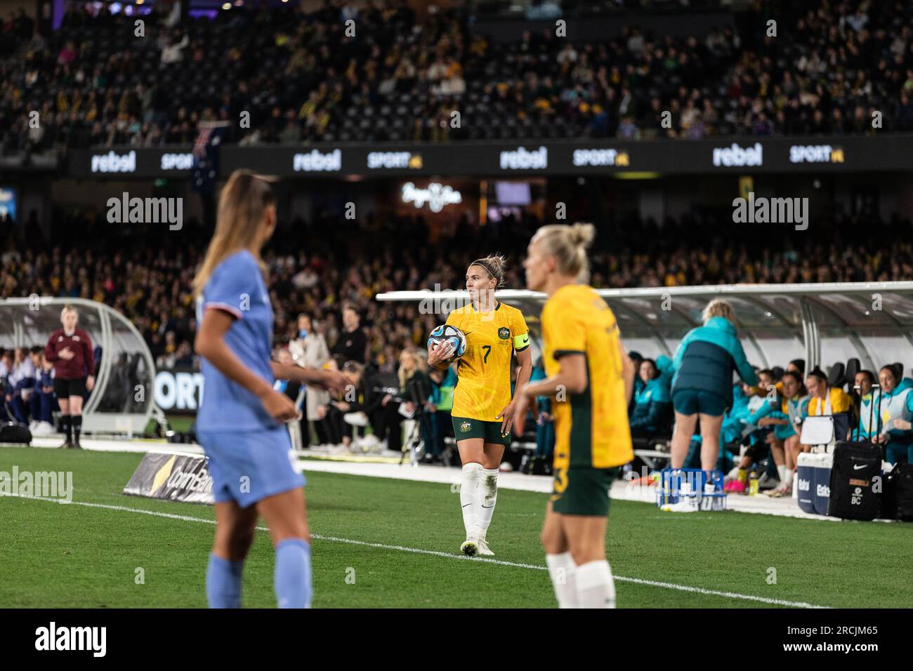 Melbourne, Australia. 14th July, 2023. Melbourne, Australia, July 14th 2023 Steph Catley in action during a Womens International match between Australia and France at Marvel Stadium in Melbourne, Australia 2023 (Liam Ayres/SPP) Credit: SPP Sport Press Photo. /Alamy Live News Stock Photo