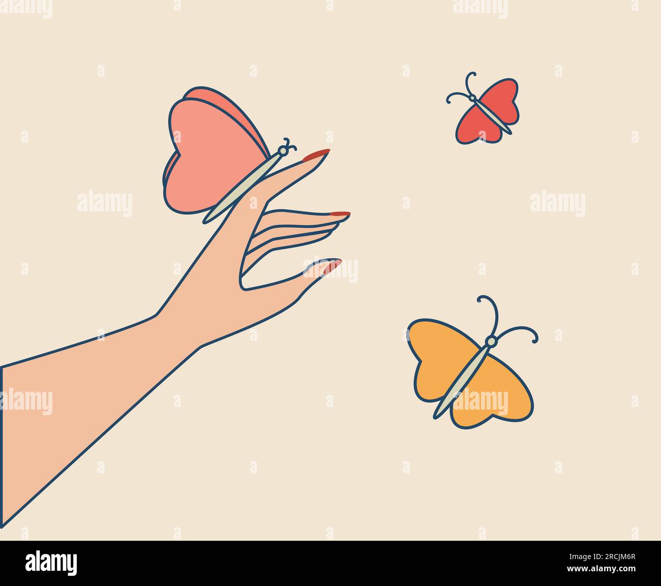 Butterfly on female hand Butterflies flying. Groovy vector illustration ...