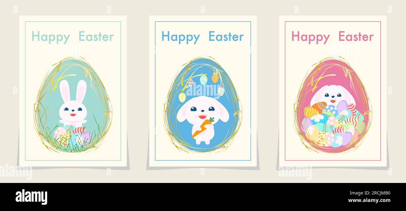 Happy Easter card Funny rabbit in egg vertical illustrations collection Design element Vector illustration Isolated Stock Vector