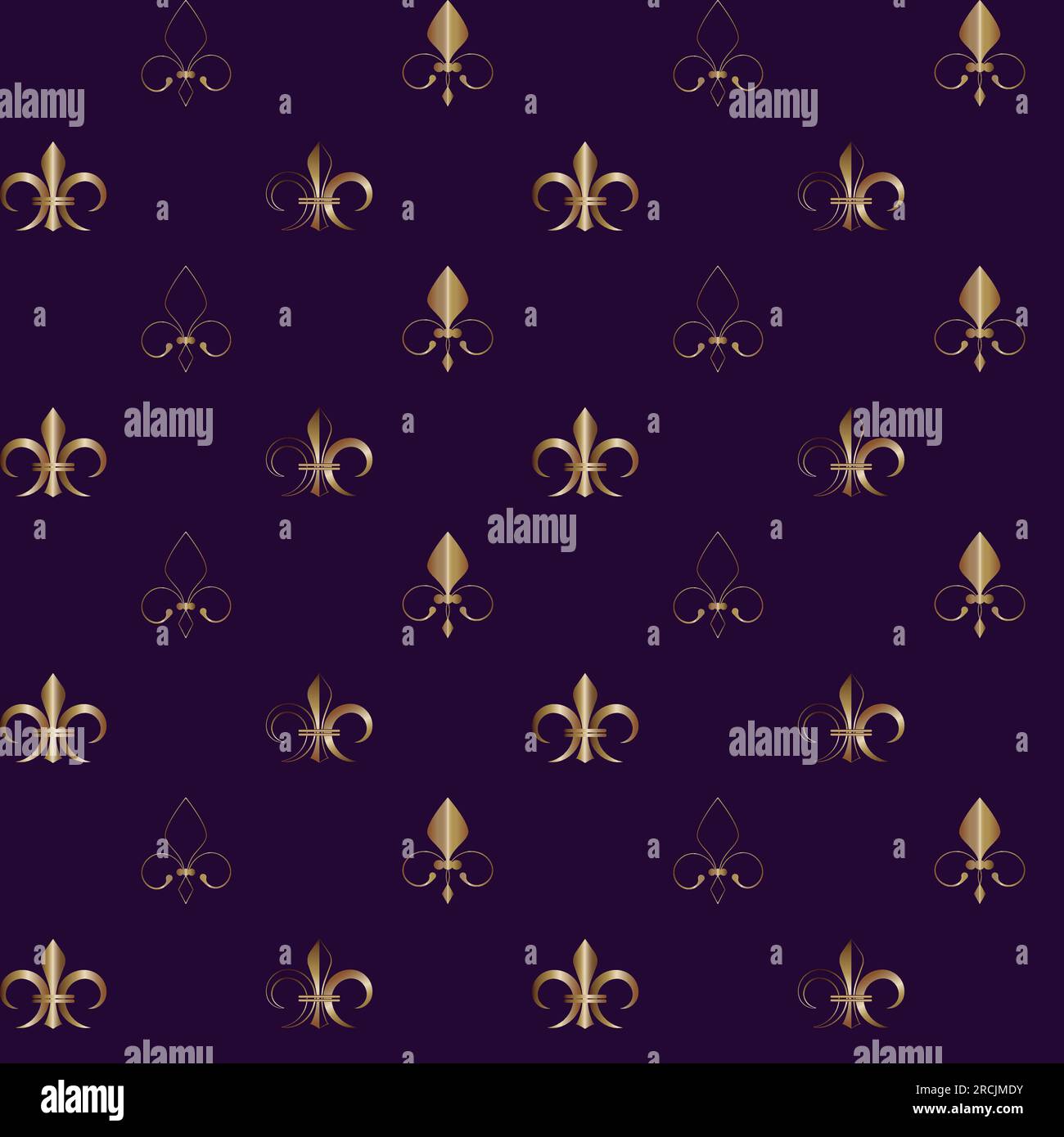 Gold Fleur De Lis stylized design Seamless pattern Decorative backdrop Vector illustration Isolated on dark purple background Stock Vector