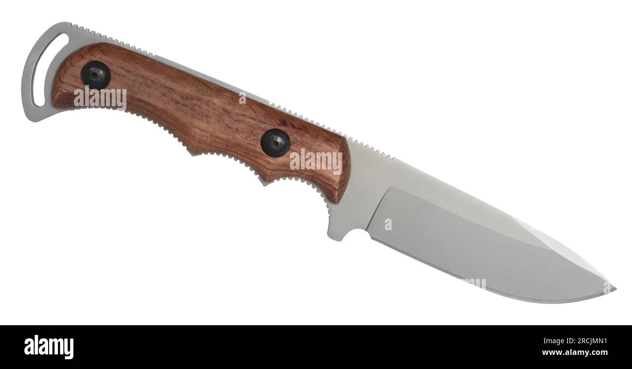 Knife with a stainless steel grip and wooden grip with metal serrations for solid use in the outdoors Stock Photo