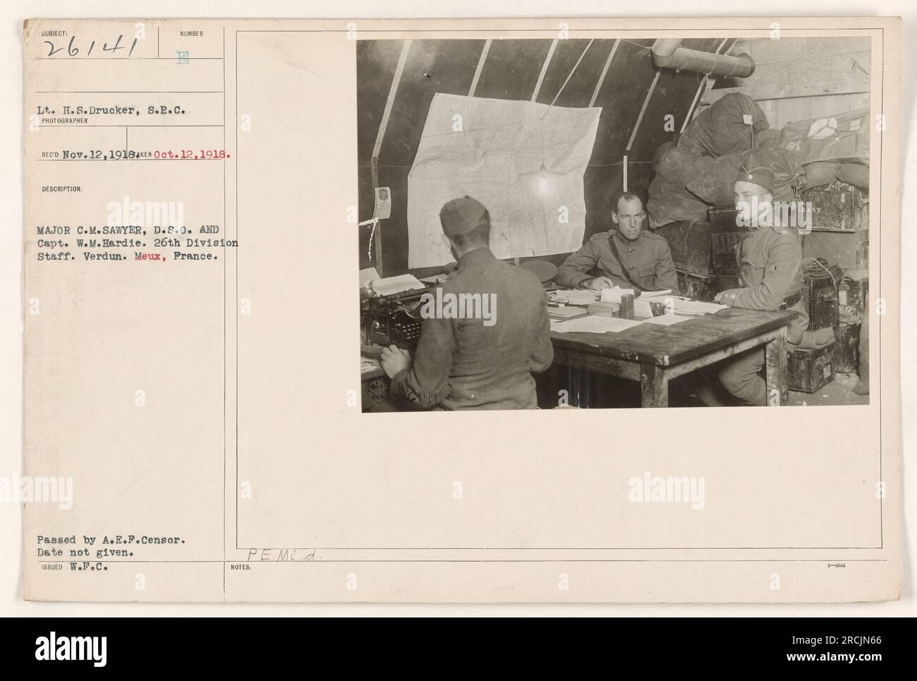 Image showing Major C.M. Sawyer, D.S.O. and Captain W.M. Hardie of the 26th Division Staff in Verdun, Meux, France during World War One. Date of the photograph and photographer's information provided. Censorship approval and issuance by W.F.C. PEMIA noted. Stock Photo