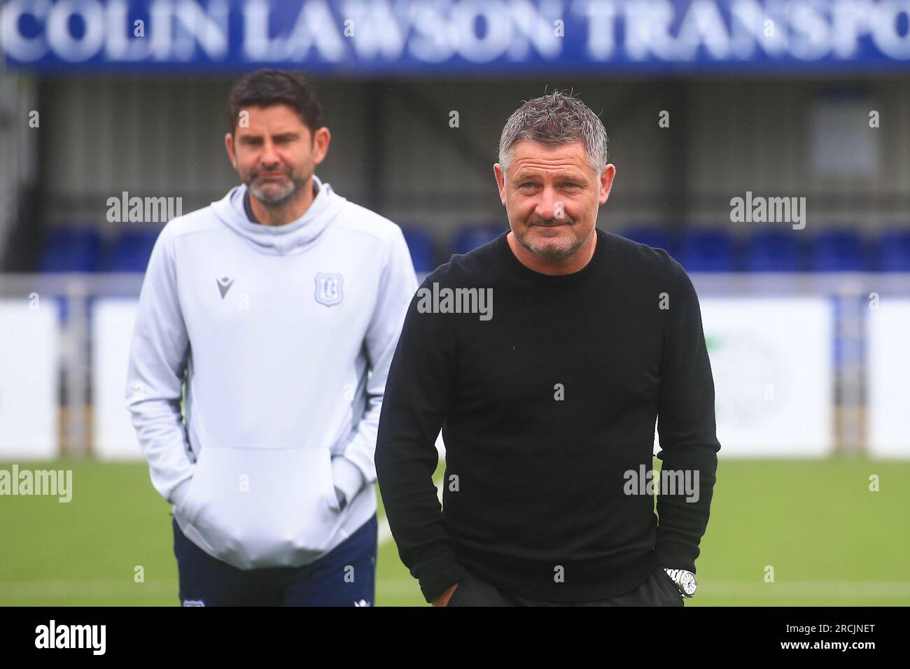 15th July 2023; Balmoral Stadium, Cove Bay, Aberdeenshire, Scotland: Pre Season Football Friendly Cove Rangers versus Dundee; Dundee manager Tony Docherty and assistant manager Stuart Taylor Stock Photo