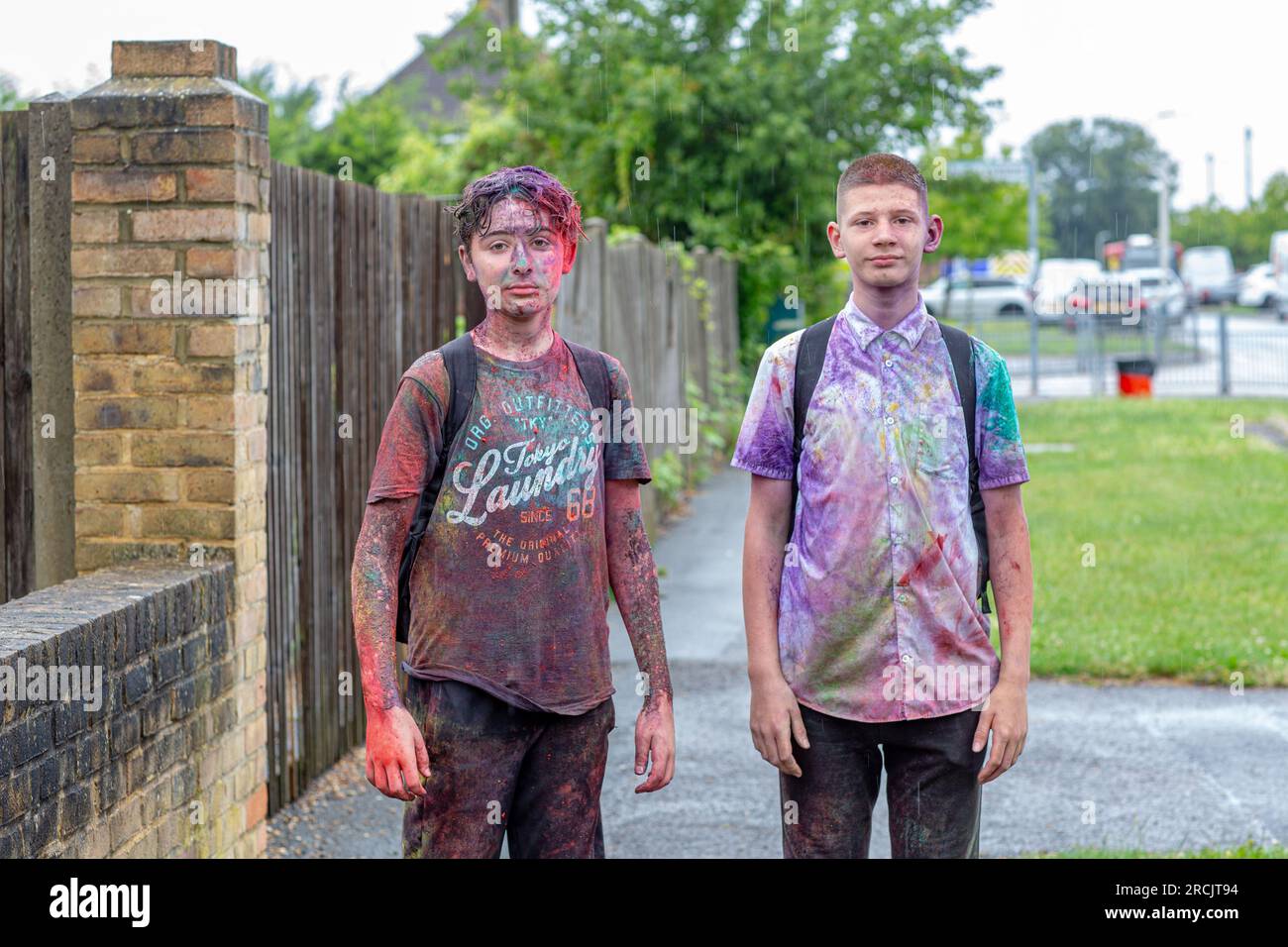 Uxbridge, England. 14th July, 2023 school kids covered in paint in the  working-class area of Yiewsley in Boris Johnson's former constituency.A by-election for the United Kingdom parliamentary constituency of Uxbridge and South Ruislip is scheduled for 20 July 2023, following the resignation of former Prime Minister Boris Johnson as its member of Parliament on 12 June.Credit: Horst Friedrichs/Alamy Live Stock Photo