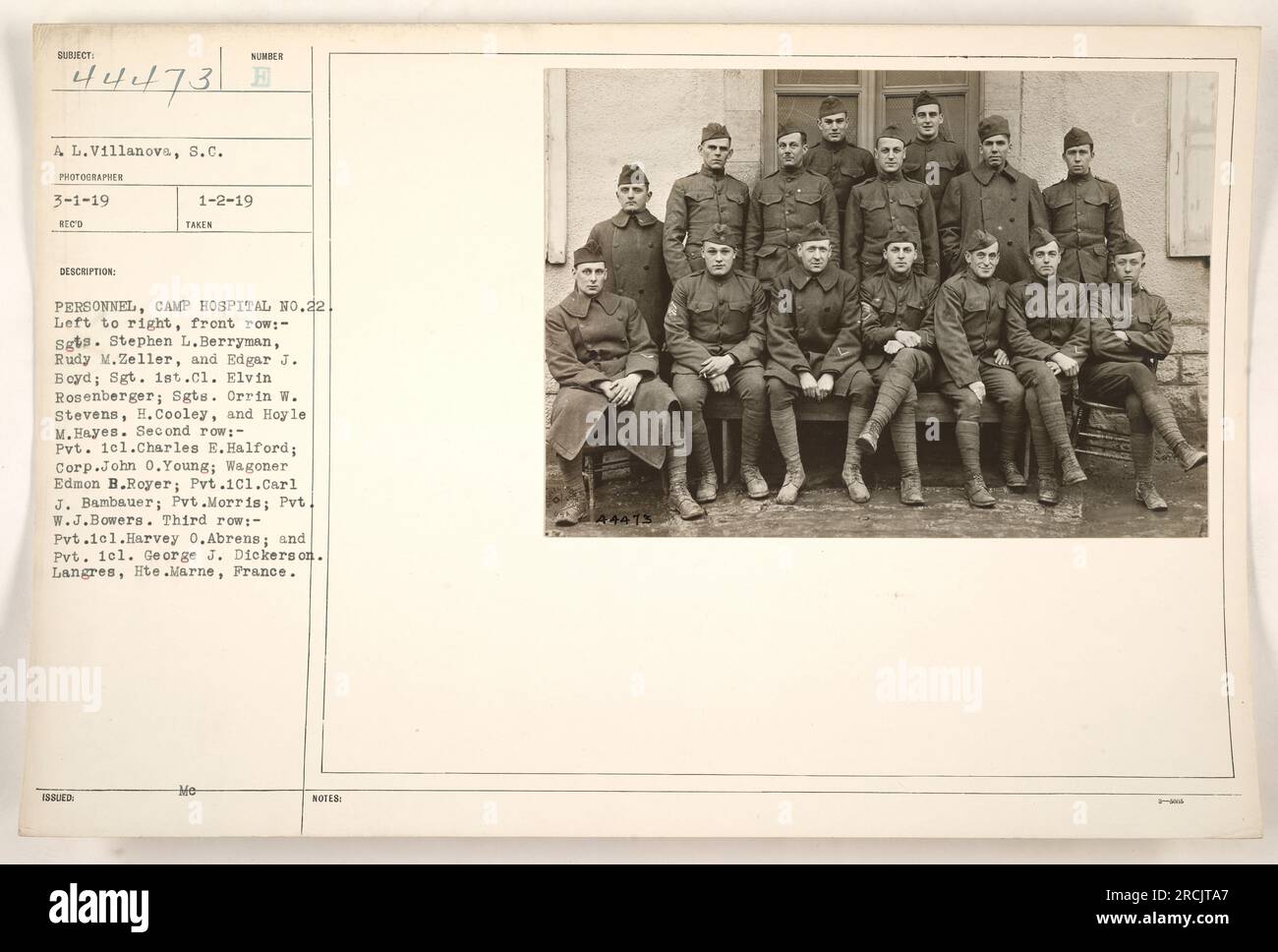 Left to right, front row of personnel from Camp Hospital No. 22: Sgts. Stephen L. Berryman, Rudy M. Zeller, Edgar J. Boyd; Sgt. 1st Class Elvin Rosenberger; Sgts. Orrin W. Stevens, H. Cooley, and Hoyle M. Hayes. Second row: Pvt. Charles E. Halford, Corp. John O. Young, Wagoner Edmon B. Royer, Pvt. Carl J. Bambauer, Pvt. Morris, Pvt. W.J. Bowers. Third row: Pvt. Harvey O. Abrens, Pvt. George J. Dickerson. Langres, Hte-Marne, France. Photograph taken on March 1, 1919. Stock Photo