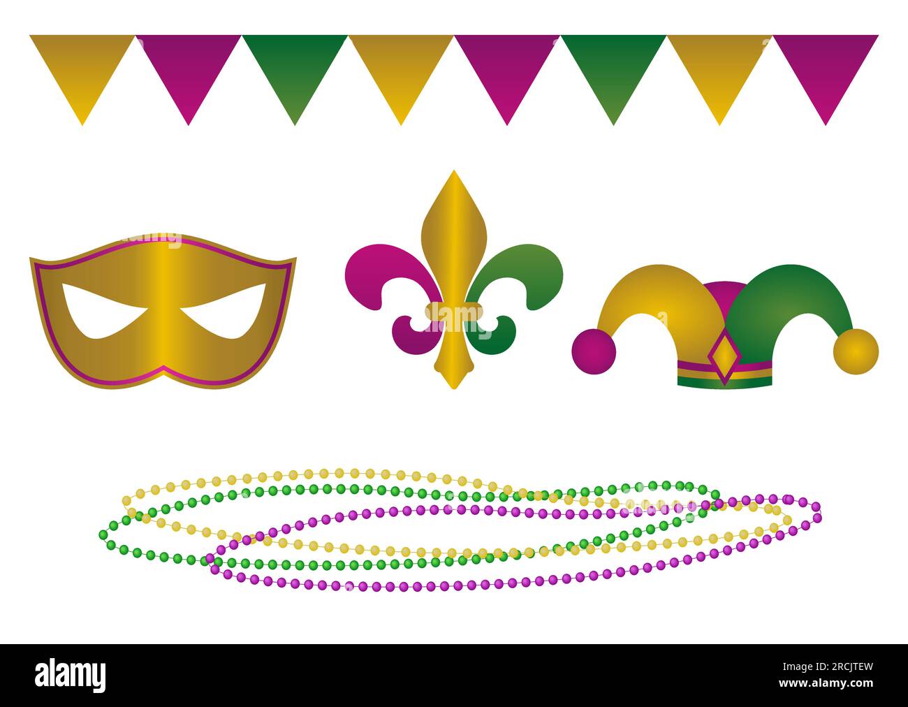 Mardi Gras Carnival Design Elements Masquerade mask, garland, Fleur de lis, beads and Jester hat Holidays stickers set Vector illustration Isolated on Stock Vector
