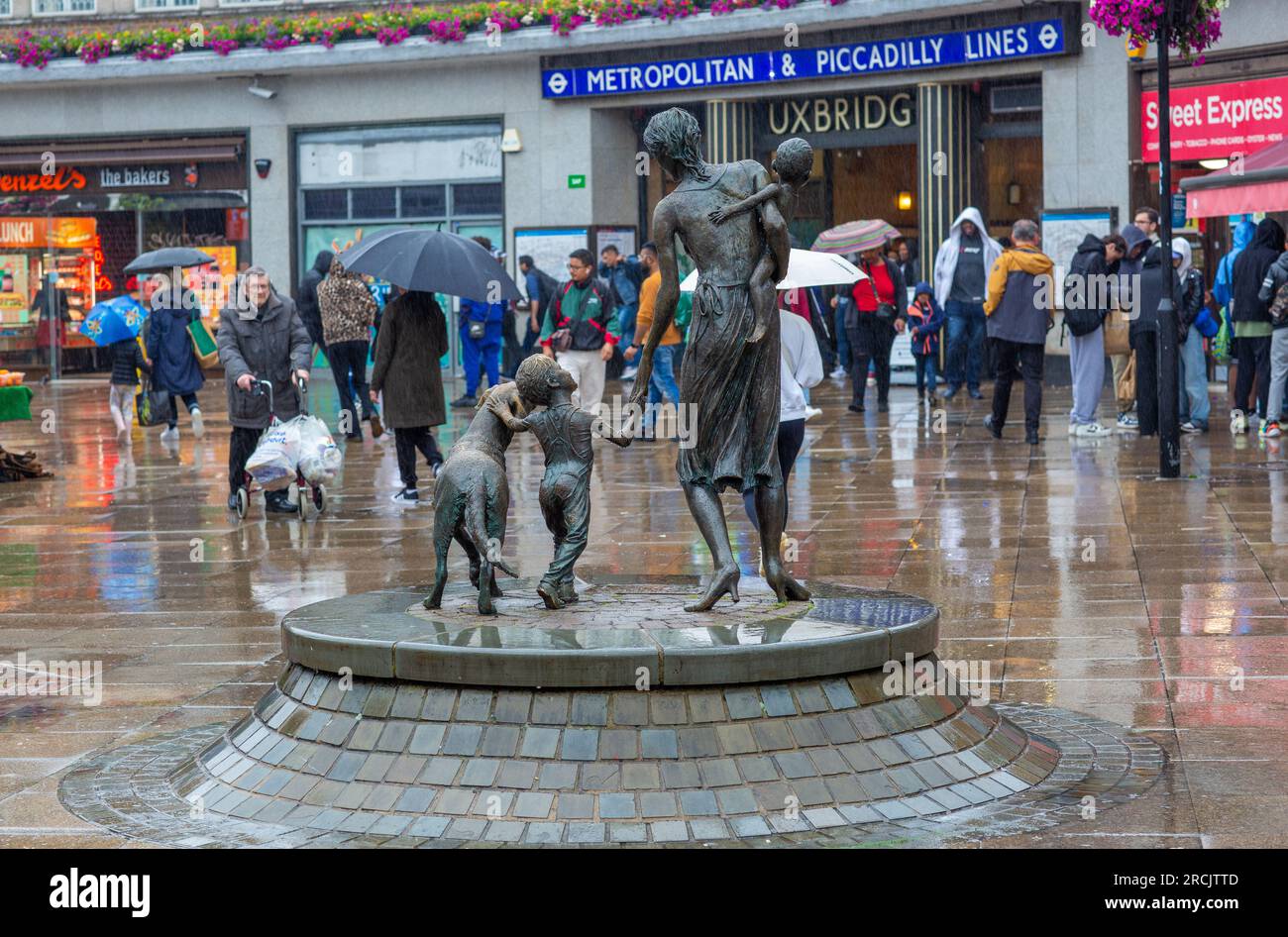 Uxbridge, England. 14th July, 2023. Statue outside underground station in Uxbridge Boris Johnson's former constituency.A by-election for the United Kingdom parliamentary constituency of Uxbridge and South Ruislip is scheduled for 20 July 2023, following the resignation of former Prime Minister Boris Johnson as its member of Parliament on 12 June.Credit: Horst Friedrichs/Alamy Live Stock Photo