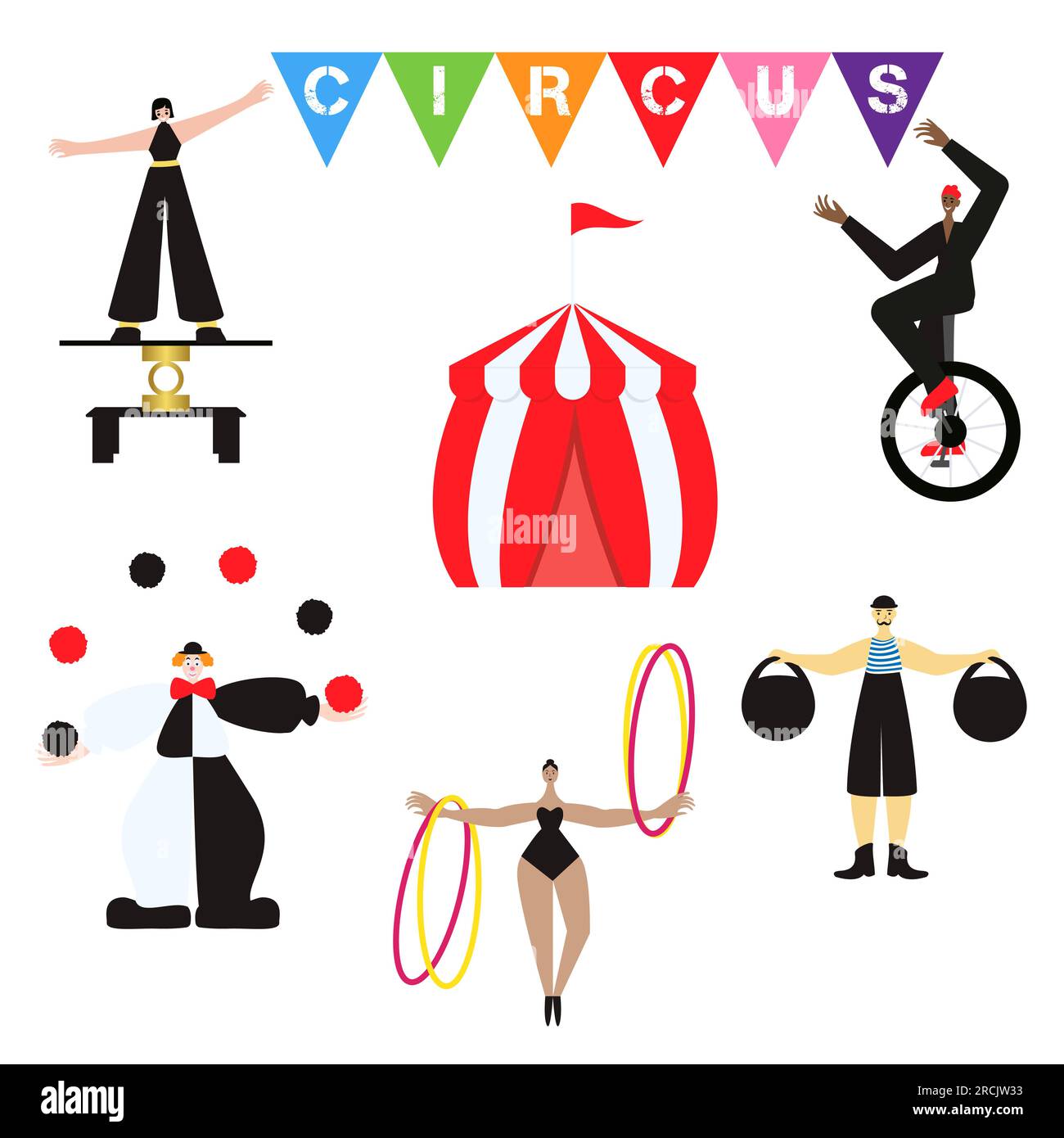 Set of circus artists Design concept with performer on unicycle, clown juggler. Strong man Balancing act  Circus gymnast with hula hoop on hands Isola Stock Vector