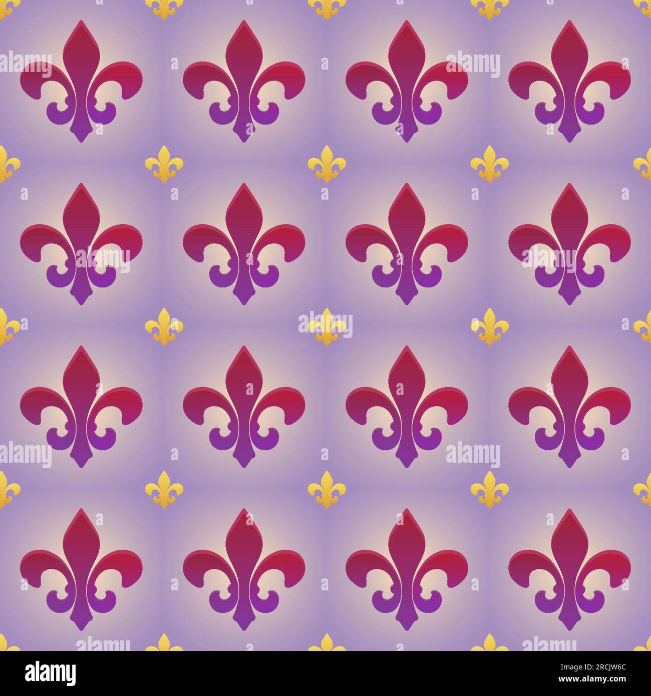 Fleur De Lis tile seamless pattern Royal French heraldic symbol golden and magenta color on blue background Vector illustration Isolated Stock Vector
