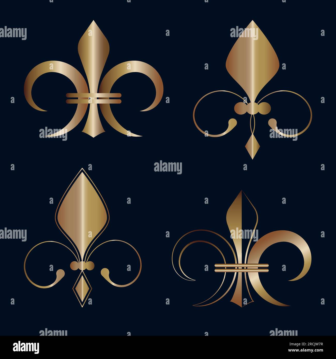 Golden Fleur De Lis icons collection Royal French heraldic symbol Different types Metallic decorative design element Vector illustration Isolated on b Stock Vector