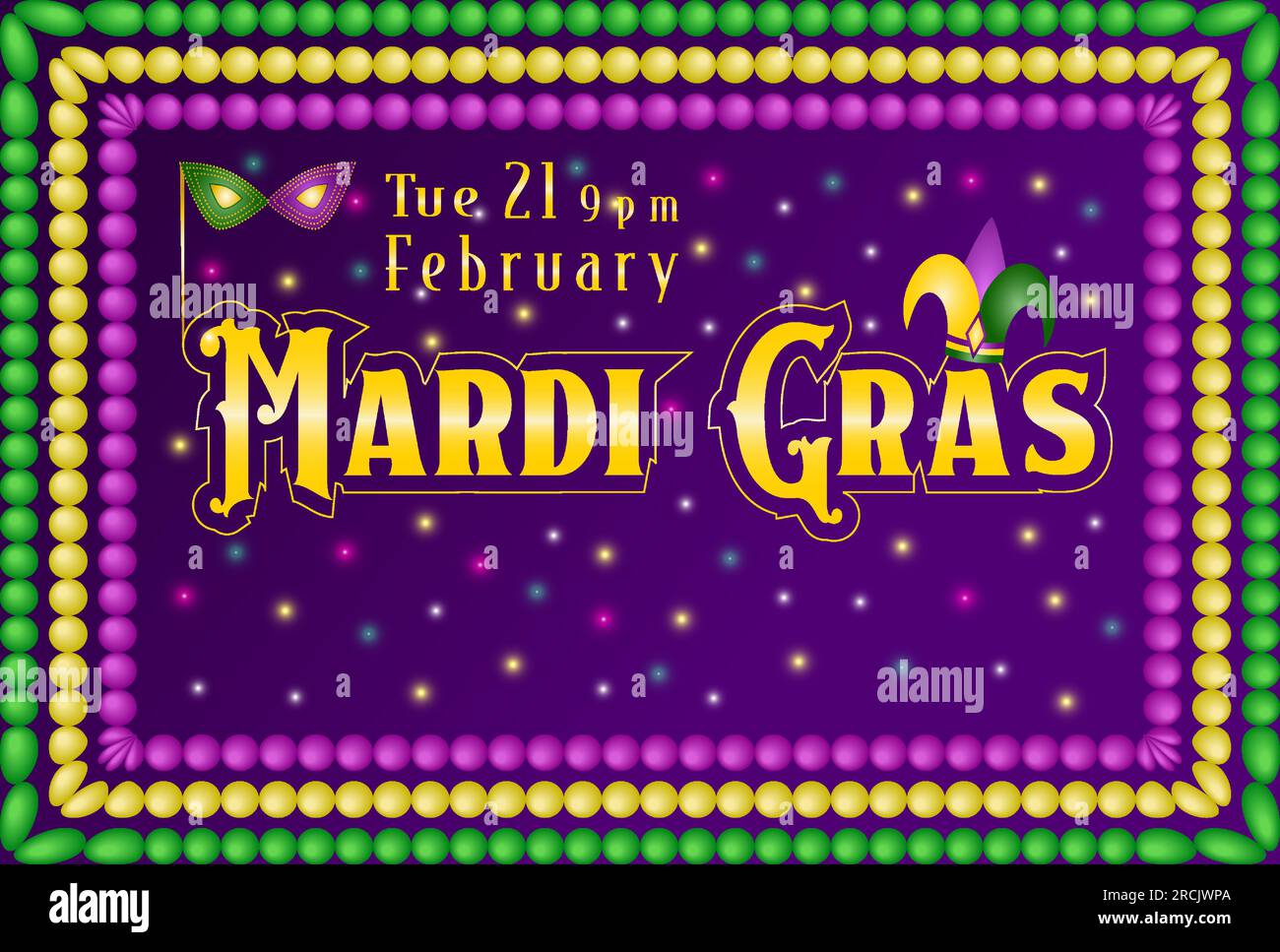 Mardi Gras carnival party invitation template Bead frame, carnival mask and jester hat Vibrant flyer background Copy space Horizontal vector illustrat Stock Vector