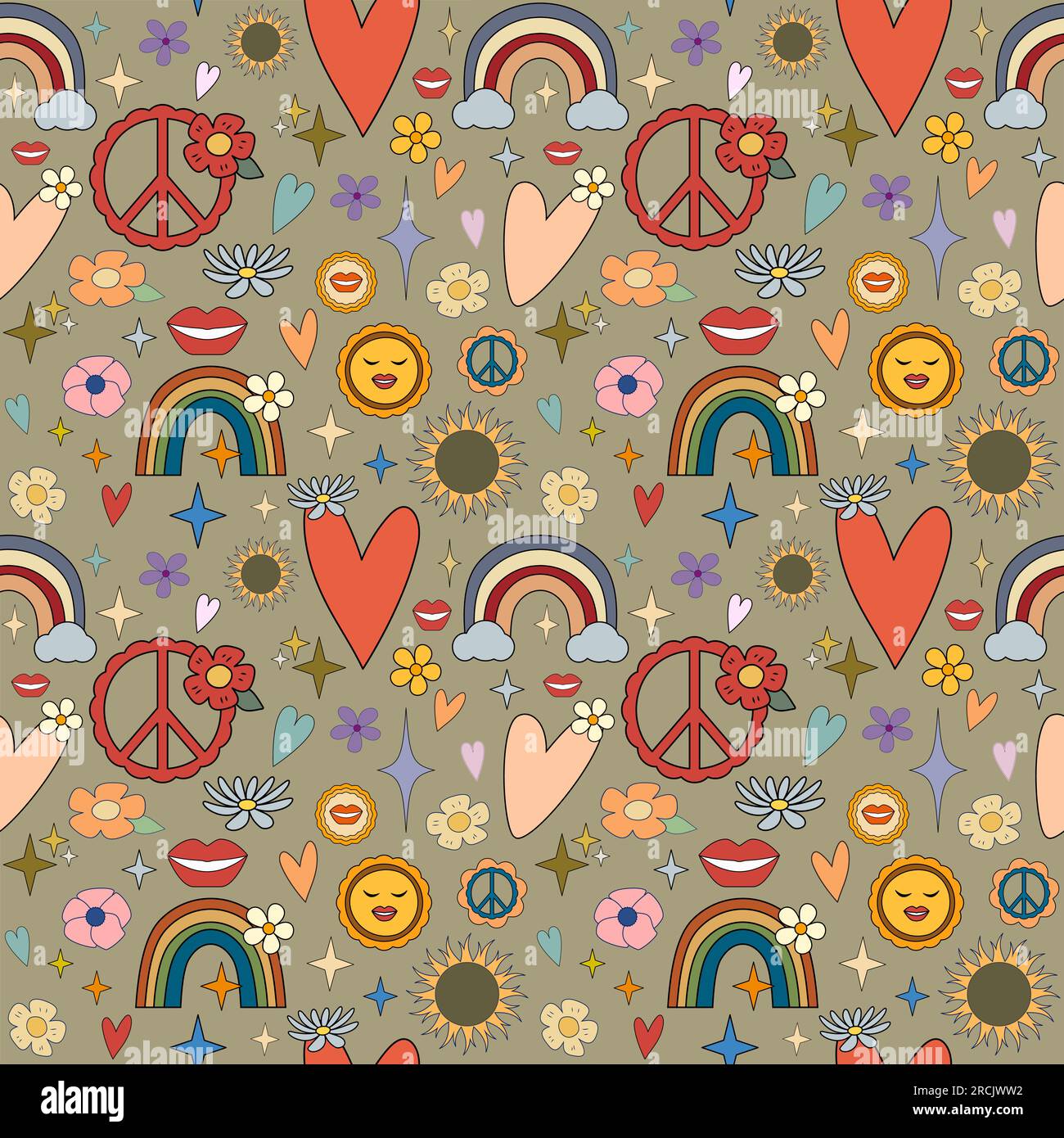 Groovy hippie 70s seamless pattern Funny cartoon flowers, rainbow, peace, hearts, daisy Trendy retro psychedelic cartoon style. Vector illustration. I Stock Vector