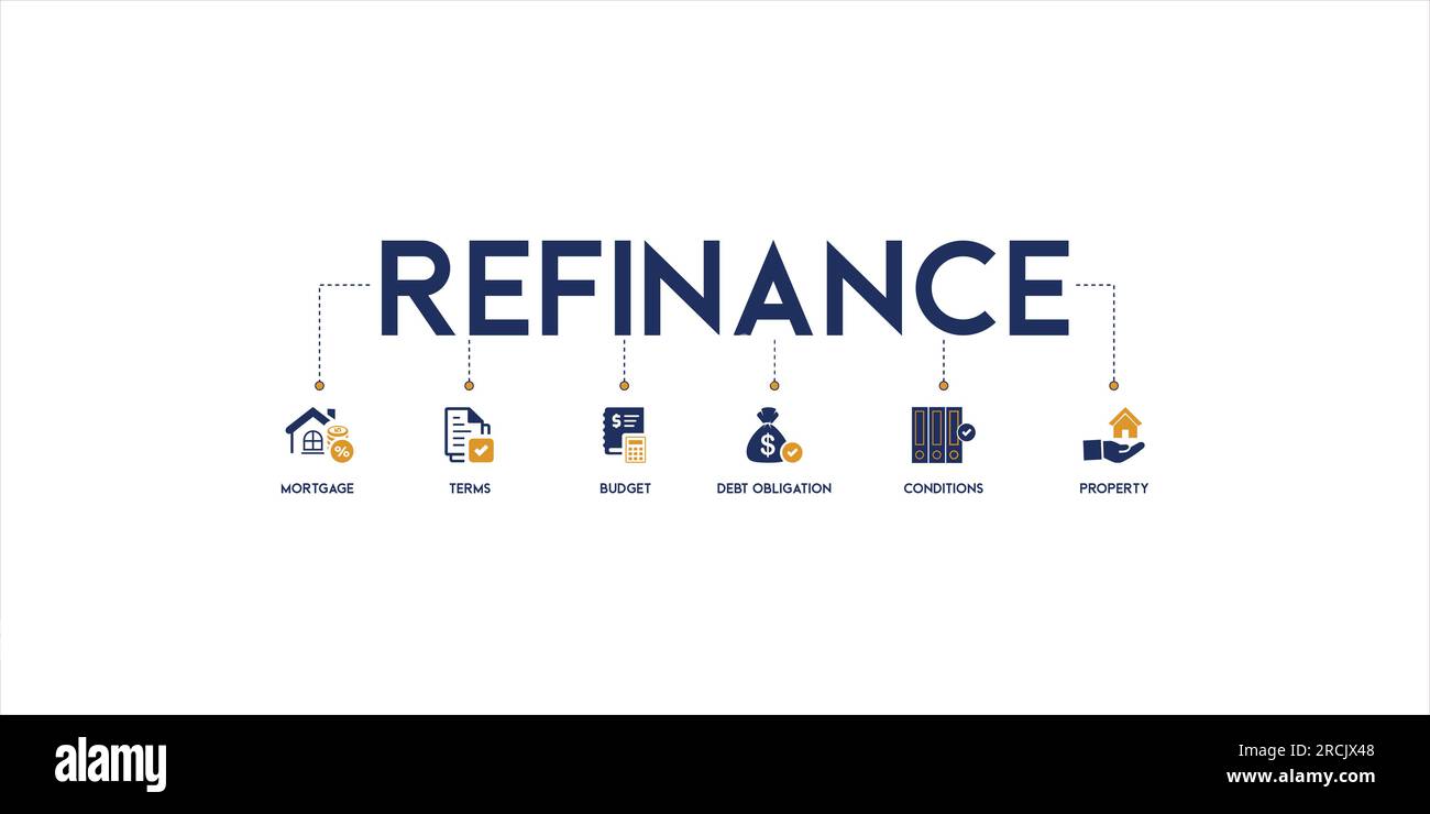 Banner refinance vector illustration concept with the icon of mortgage, terms, budget, debt obligation, condition and property Stock Vector