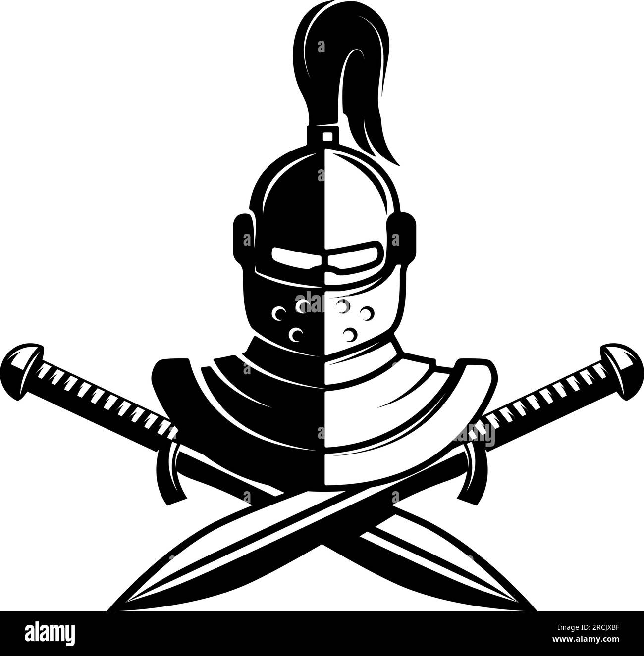 Knight helmet with crossed swords. Warrior helmet with swords. Design element Stock Vector