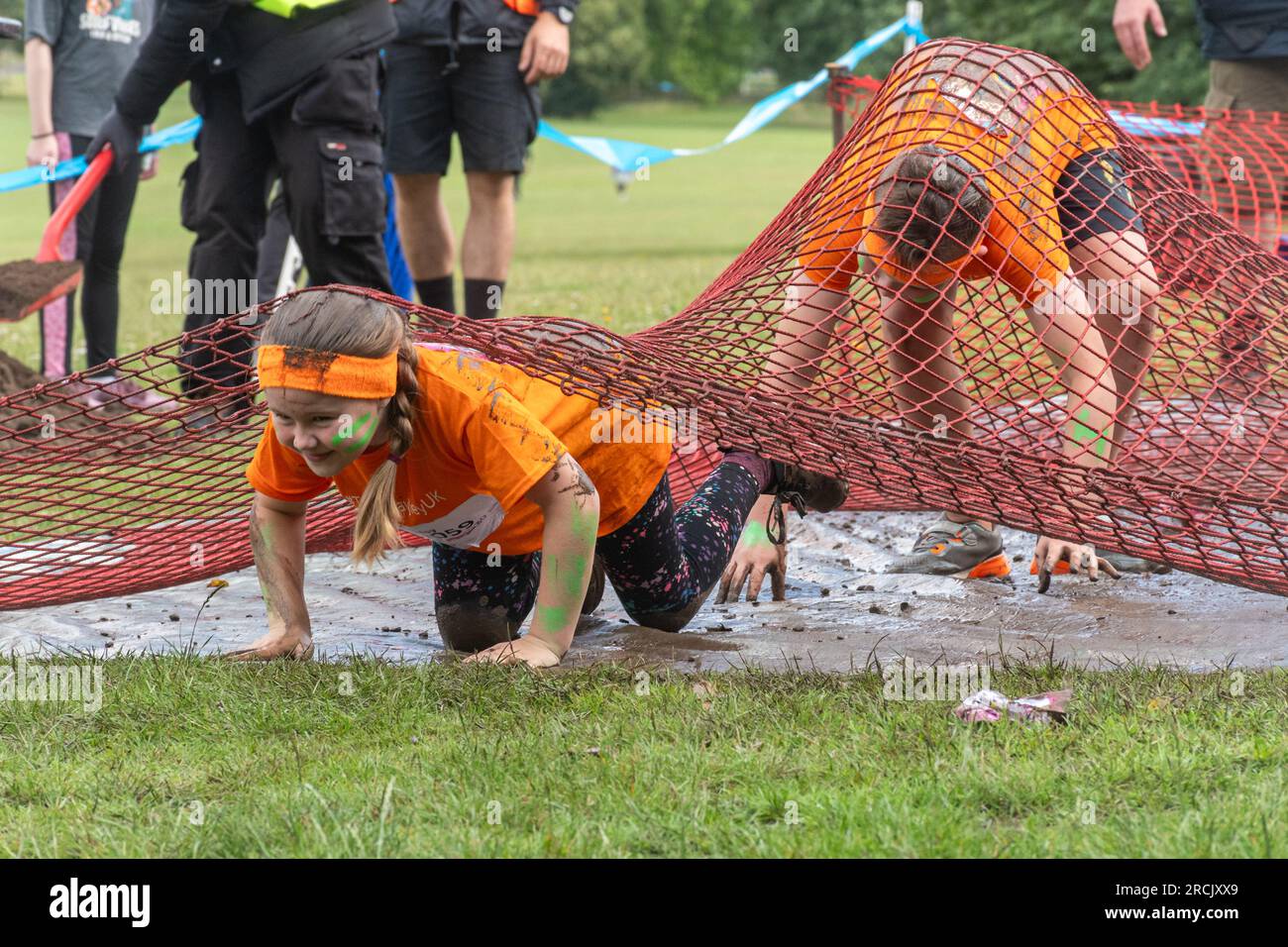 July 15th, 2023. The Reading Pretty Muddy Race for Life event took place in Prospect Park, Reading, Berkshire, England, over the weekend, with obstacle races for kids and adults. The charity event raises money for Cancer Research UK. Stock Photo