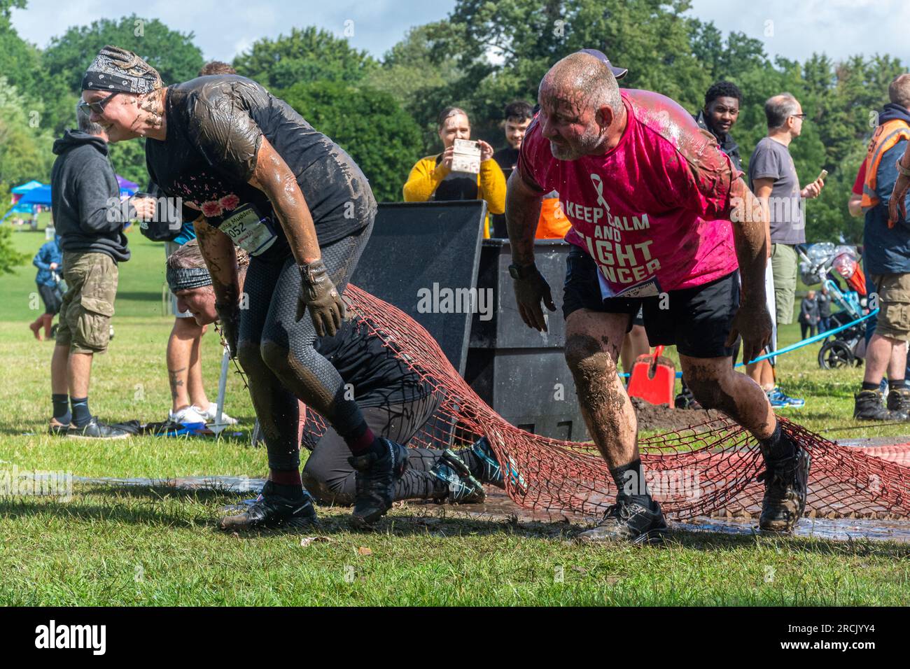 July 15th, 2023. The Reading Pretty Muddy Race for Life event took place in Prospect Park, Reading, Berkshire, England, over the weekend, with obstacle races for kids and adults. The charity event raises money for Cancer Research UK. Stock Photo