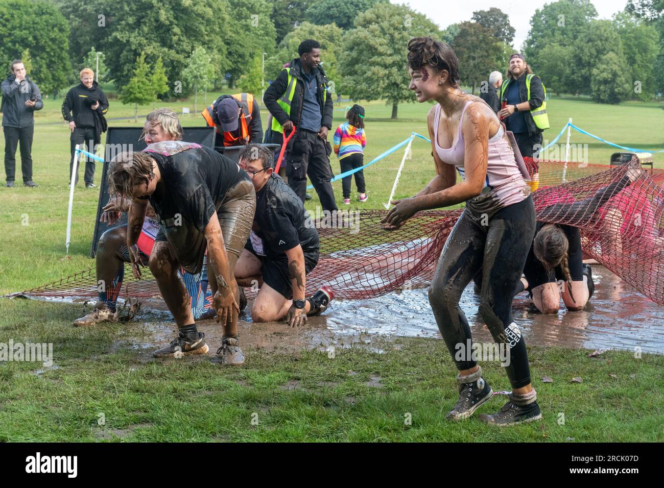 July 15th, 2023. The Reading Pretty Muddy Race for Life event took place in Prospect Park, Reading, Berkshire, England, over the weekend, with obstacle races for kids and adults. The charity event raises money for Cancer Research UK. Stock Photo