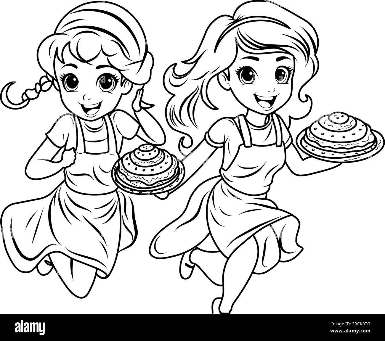 Coloring page Pancake day, Pancake race. Women run with plates of pancakes. Stock Vector