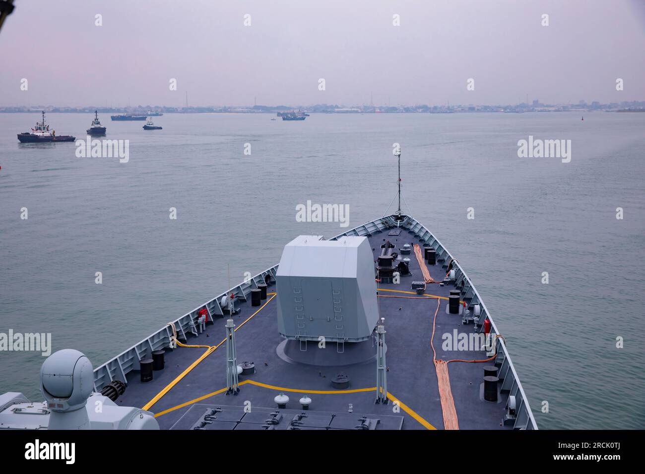 (230715) -- BRAZZAVILLE, July 15, 2023 (Xinhua) -- This photo taken on July 14, 2023 shows a vessel of the Chinese naval fleet approaching the port of Pointe-Noire, economic capital of the Republic of the Congo. The visit of the Chinese naval fleet to the Republic of the Congo showcases friendship and mutual trust between the two countries, with both committed to addressing regional and global security challenges, including the Gulf of Guinea, said Congolese minister of National Defense Charles Richard Mondjo. The Congolese minister made this remark Friday during the arrival ceremony of the Stock Photo