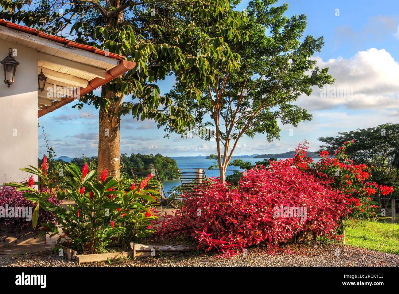 Patio lined by garden with tropical plants and ocean view - Hotel Boca Brava Paradise on Isla Boca Brava, Chiriqui, Panama Stock Photo