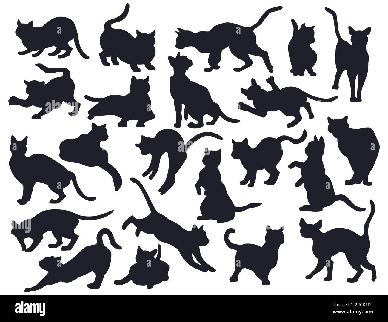 Cat silhouettes. Black icons, shadow animals sit, kitten tail pose, playful kitty pet standing. Cute funny domestic animals playing, vet clinic, isolated decor elements. Vector outline illustration Stock Vector