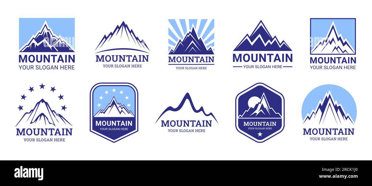Mountain logo. Hill range icon, top of snow peak, ice rock blue silhouette, everest landscape symbol. Extreme hike and climbing logotype. Active tourism. Cliffs and peaks. Vector graphic pictograms Stock Vector