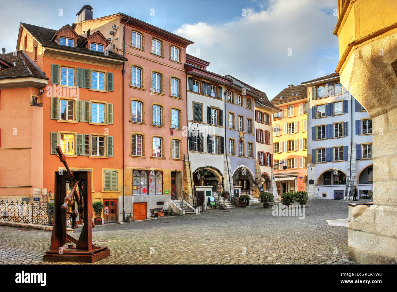 Houses in Ring Square, the center of the old town in Biel (or Bienne in French), Bern Canton, Switzerland. Most of the Guild houses in the square feat Stock Photo