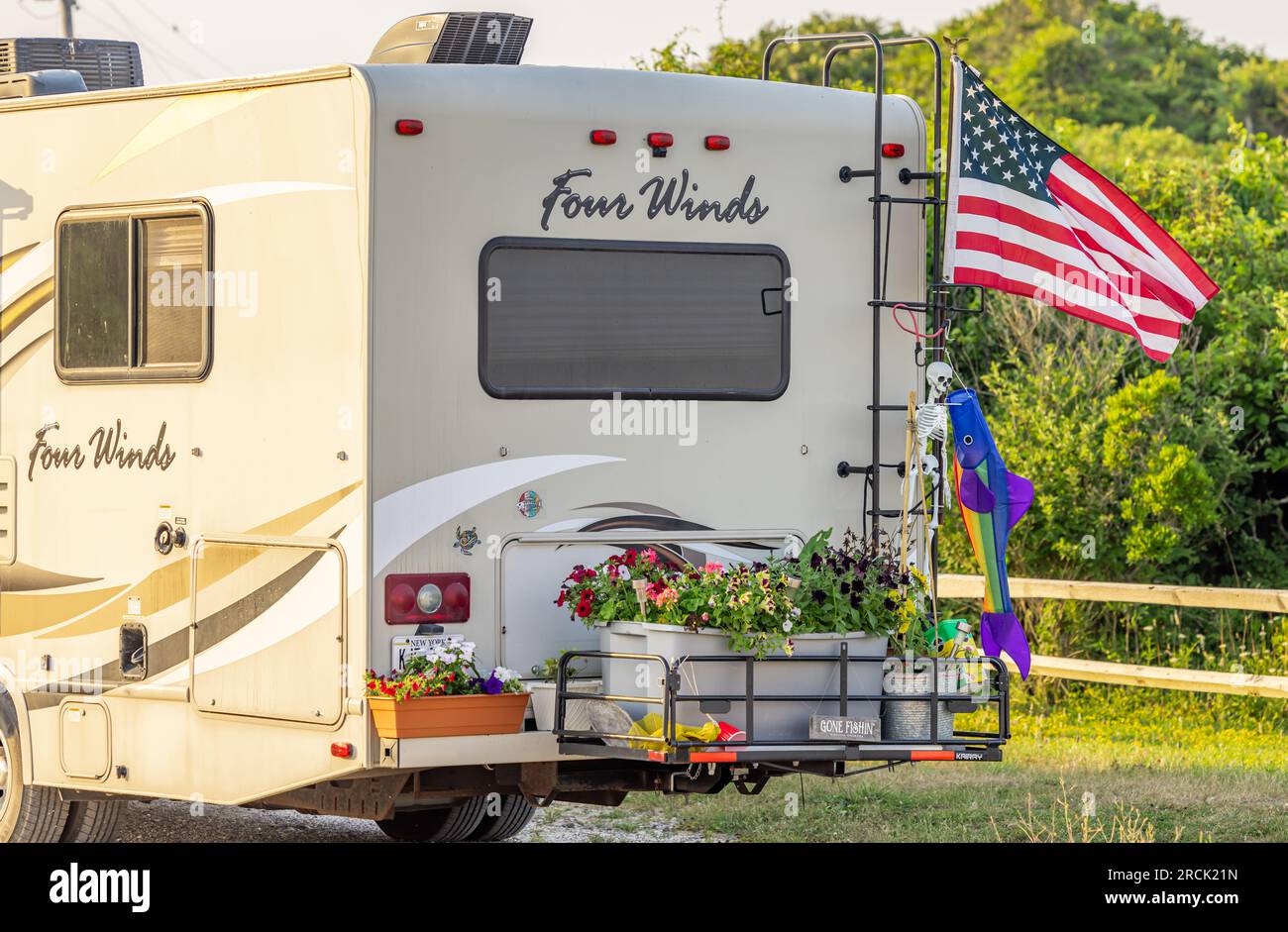 the back of a rv camping at camp hero park in montauk Stock Photo