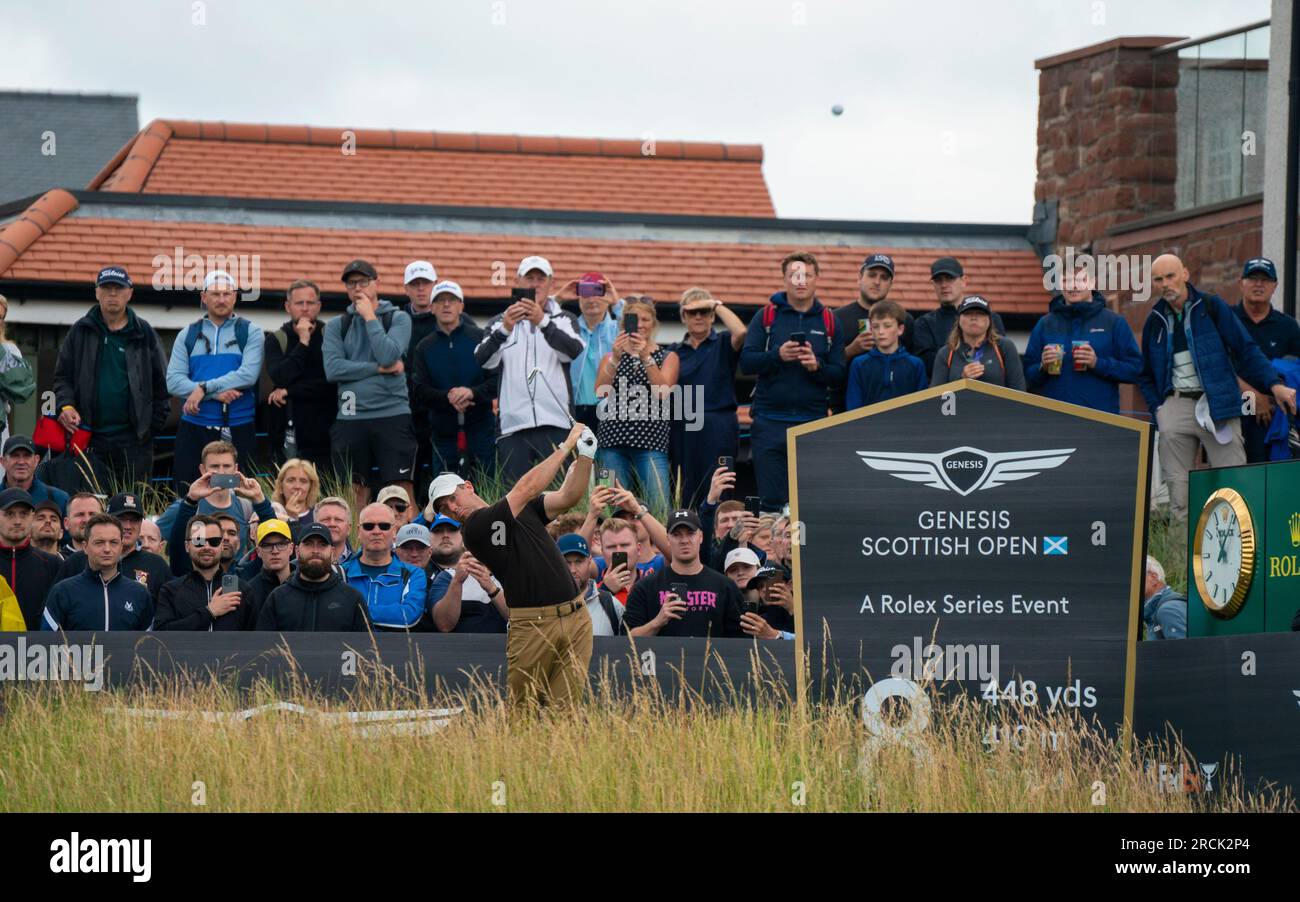 North Berwick, East Lothian, Scotland, UK. 15th July 2023. Rory McIlroy tee shot at the 8th hole at the Genesis Scottish Open at the Renaissance Club in North Berwick.  Iain Masterton/Alamy Live News Stock Photo