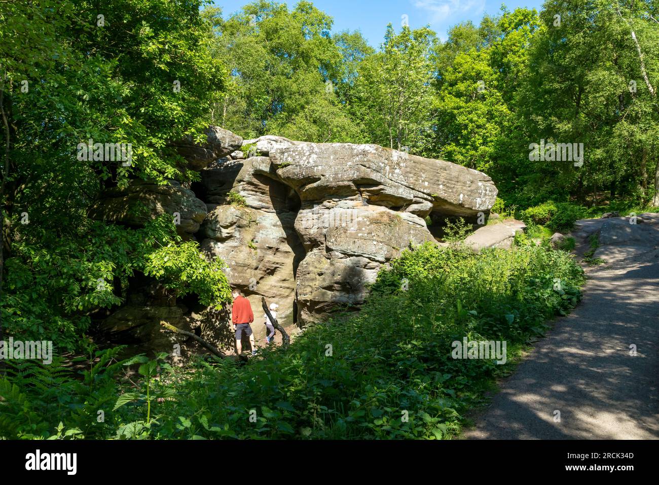People give scale to rocks at Brimham Rocks, Harrogate, North Yorkshire, England, UK Stock Photo