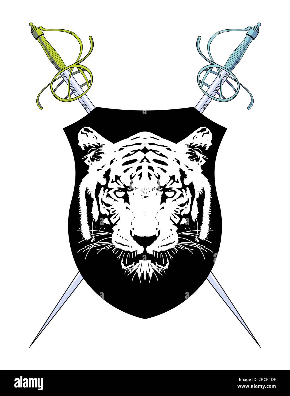 T-shirt design of a medieval shield with a tiger head. Vector illustration of heraldic themes Stock Vector