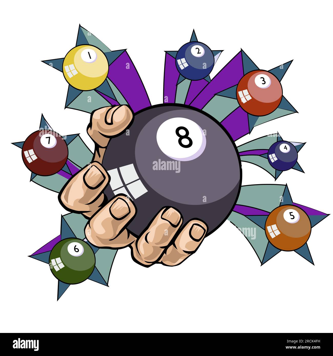 Tshirt design of one hand grabbing billiard balls. Vector illustration