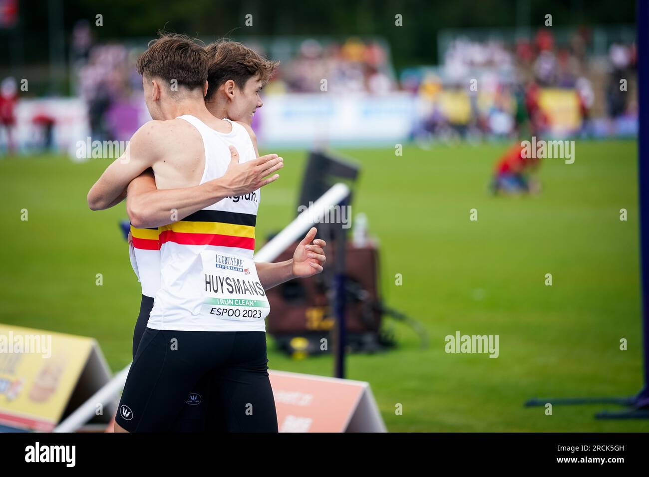 Espoo, Finland. 15th July, 2023. The Belgian Falcons, the Belgian 4x100m relay team, with Belgian Rendel Vermeulen and Belgian Timber Huysmans celebrate after their race at the third day of the European Athletics U23 Championships, Saturday 15 July 2023 in Espoo, Finland. The European championships take place from 13 to 17 July. BELGA PHOTO COEN SCHILDERMAN Credit: Belga News Agency/Alamy Live News Stock Photo