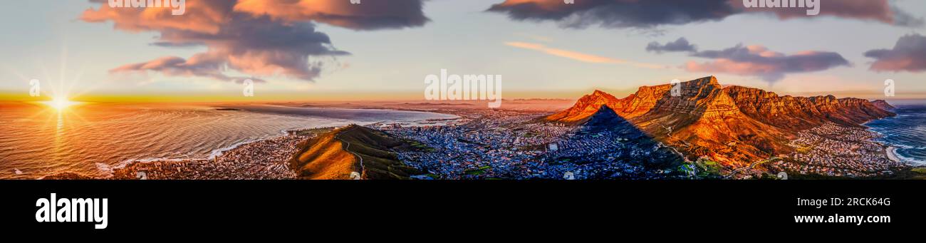 sunset aerial view of Cape Town city at dusk , in Western Cape province in South Africa , international destinations Stock Photo