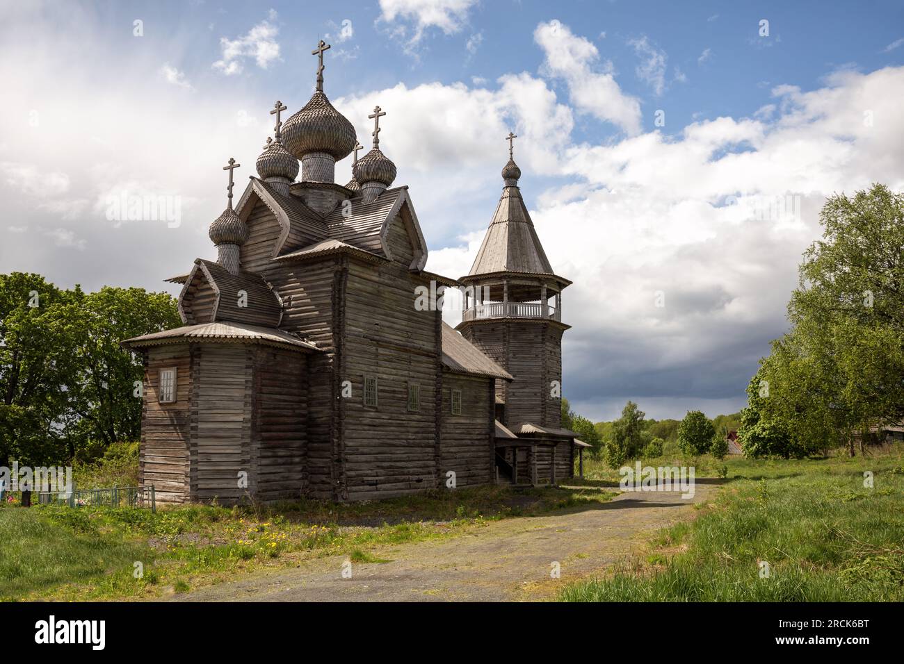 Beautiful ancient five-domed wooden Church of Demetrius of Thessalonica Myrrh-streaming in Shcheleyki, Leningrad region Stock Photo