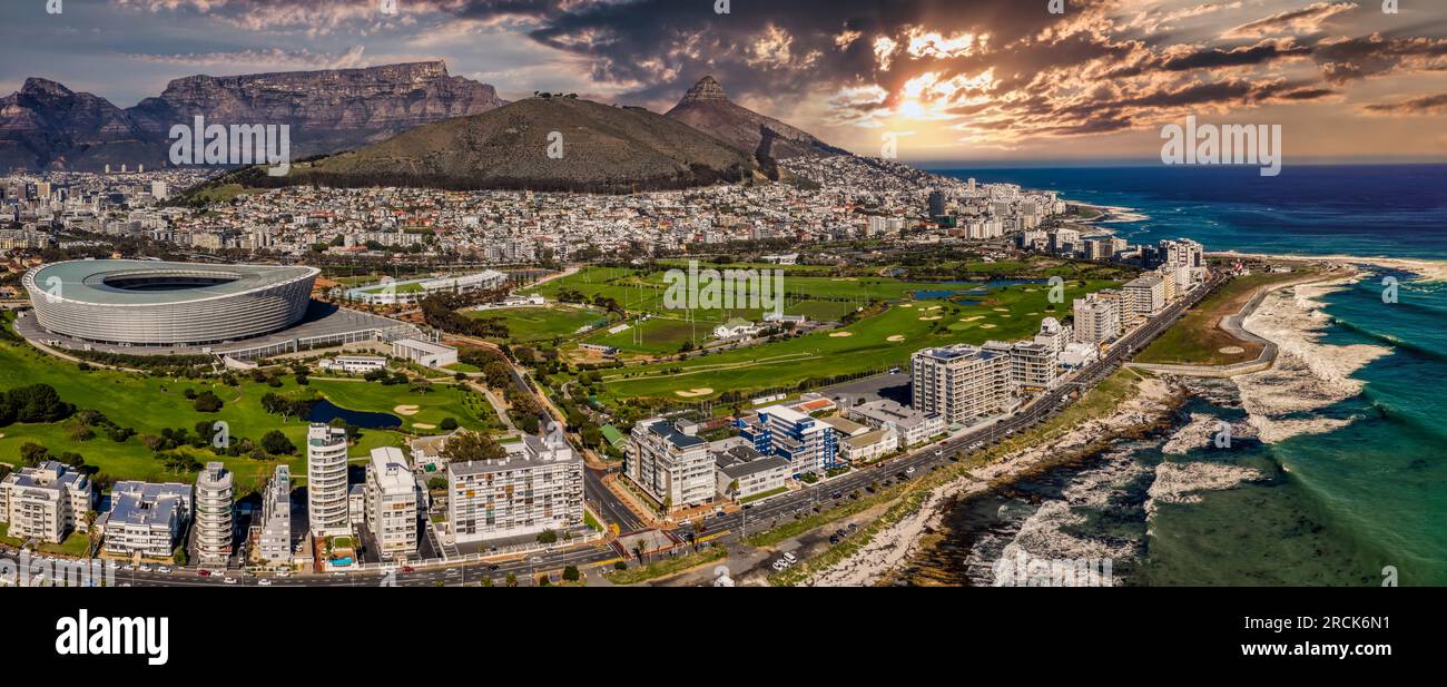 sunset aerial view of Cape Town city in Western Cape province in South