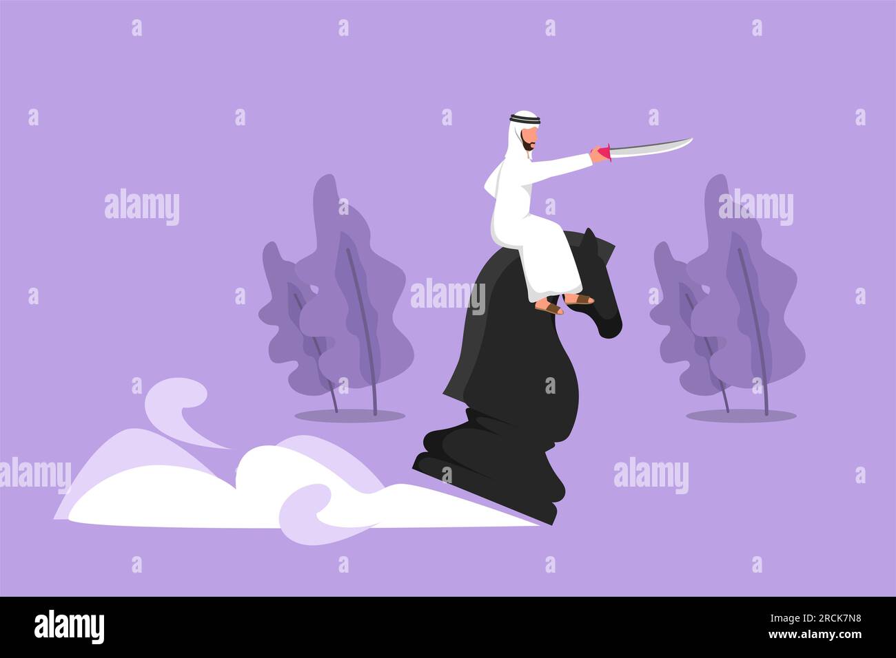 Character flat drawing competitive Arab businessman riding big chess horse knight with sword. Idea, business strategy, winning competition, achievemen Stock Photo