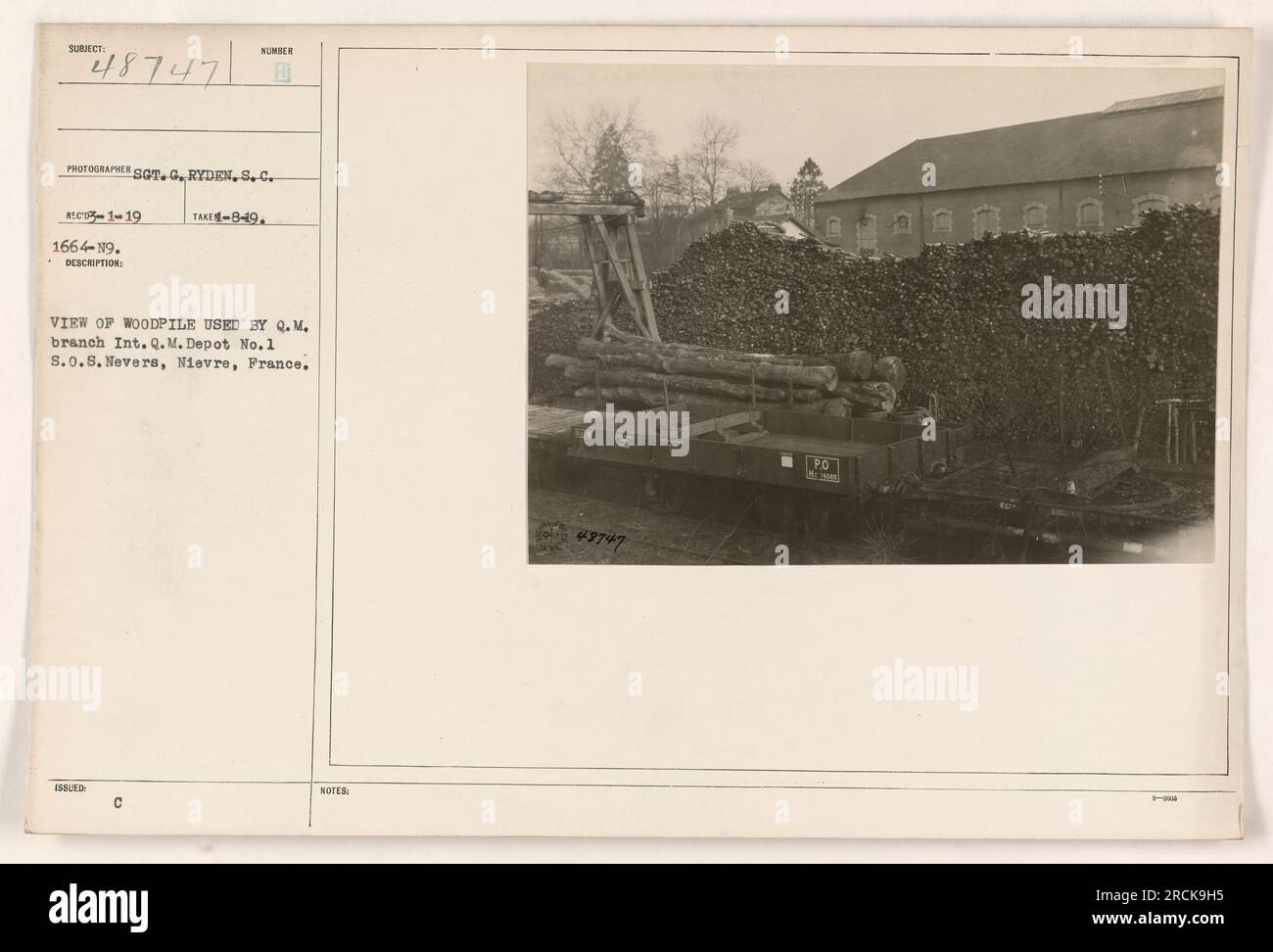 Image depicting a woodpile at Int. Q. M. Depot No. 1, S.O.S. Nevers, Nievre, France. The woodpile is used by the Q.M. branch. Photograph taken by S.C. Eco on January 19th, 1919. Image reference number: 18747. Stock Photo