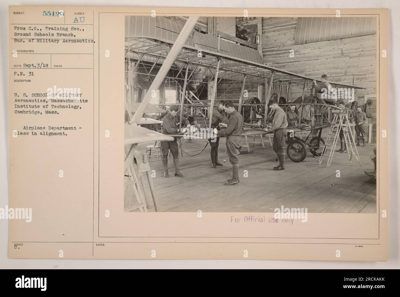 U.S. School of Military Aeronautics at the Massachusetts Institute of Technology in Cambridge, Massachusetts. This photograph shows a class in alignment at the Airplane Department. It was taken on September 3, 1918, by an unknown photographer. This image is marked for official use only. Stock Photo