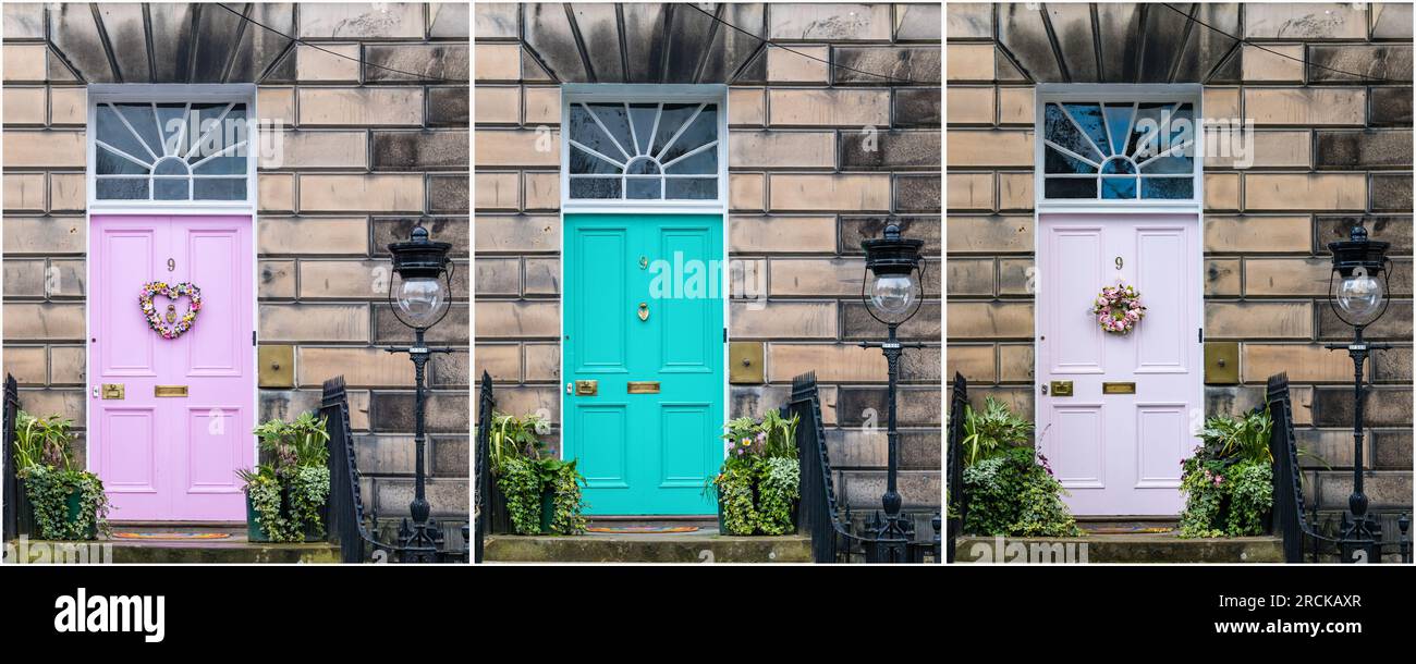 Miranda Dickson's controversial Georgian New Town colourful painted door during 2023; bright pink, green, pale pink, Edinburgh, Scotland, UK Stock Photo