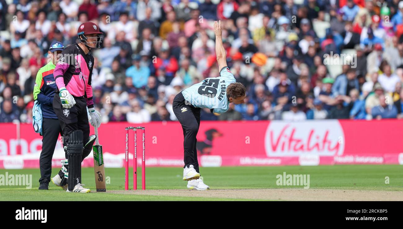 Taken in Birmingham, UK on 15 Jul 2023 at Warwickshire County Cricket Club, Edgbaston.  Pictured is Surrey's Tom Curran in action bowling during the 2023 Vitality Blast Semi Final between Somerset & Surrey  Image is for editorial use only - credit to Stu Leggett via Alamy Live News Stock Photo