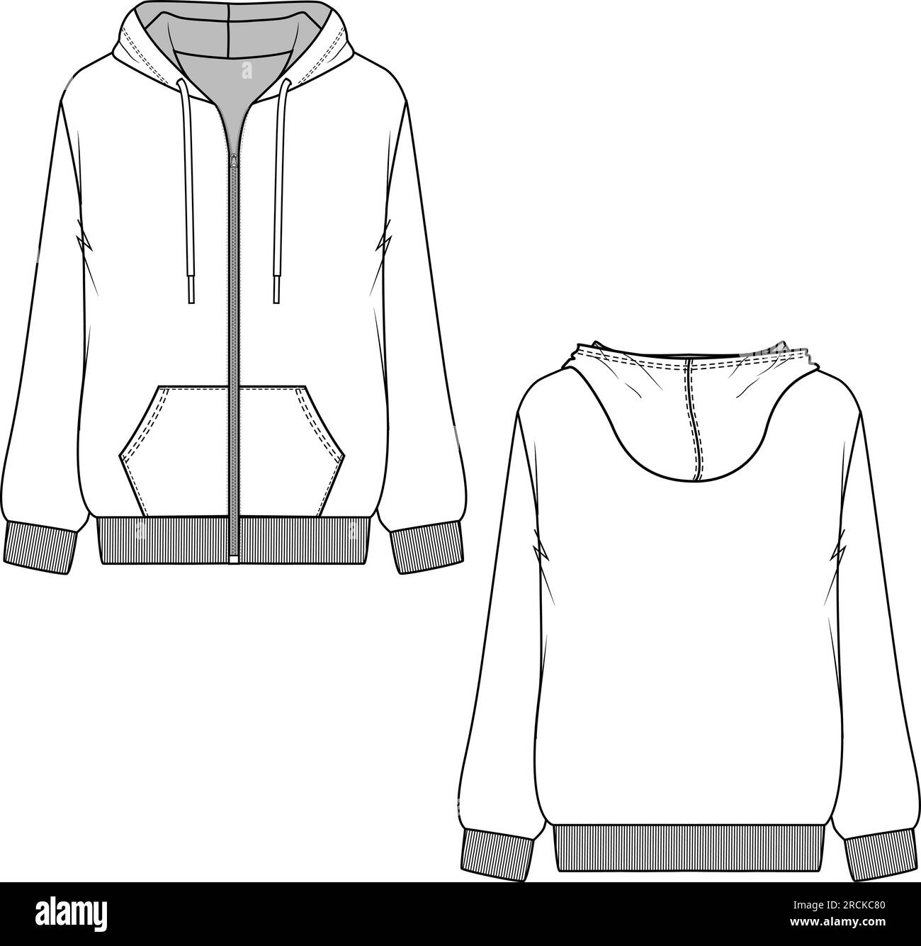 Casual Fashion full open zipper hoodie flat sketch technical drawing template vector Stock Vector