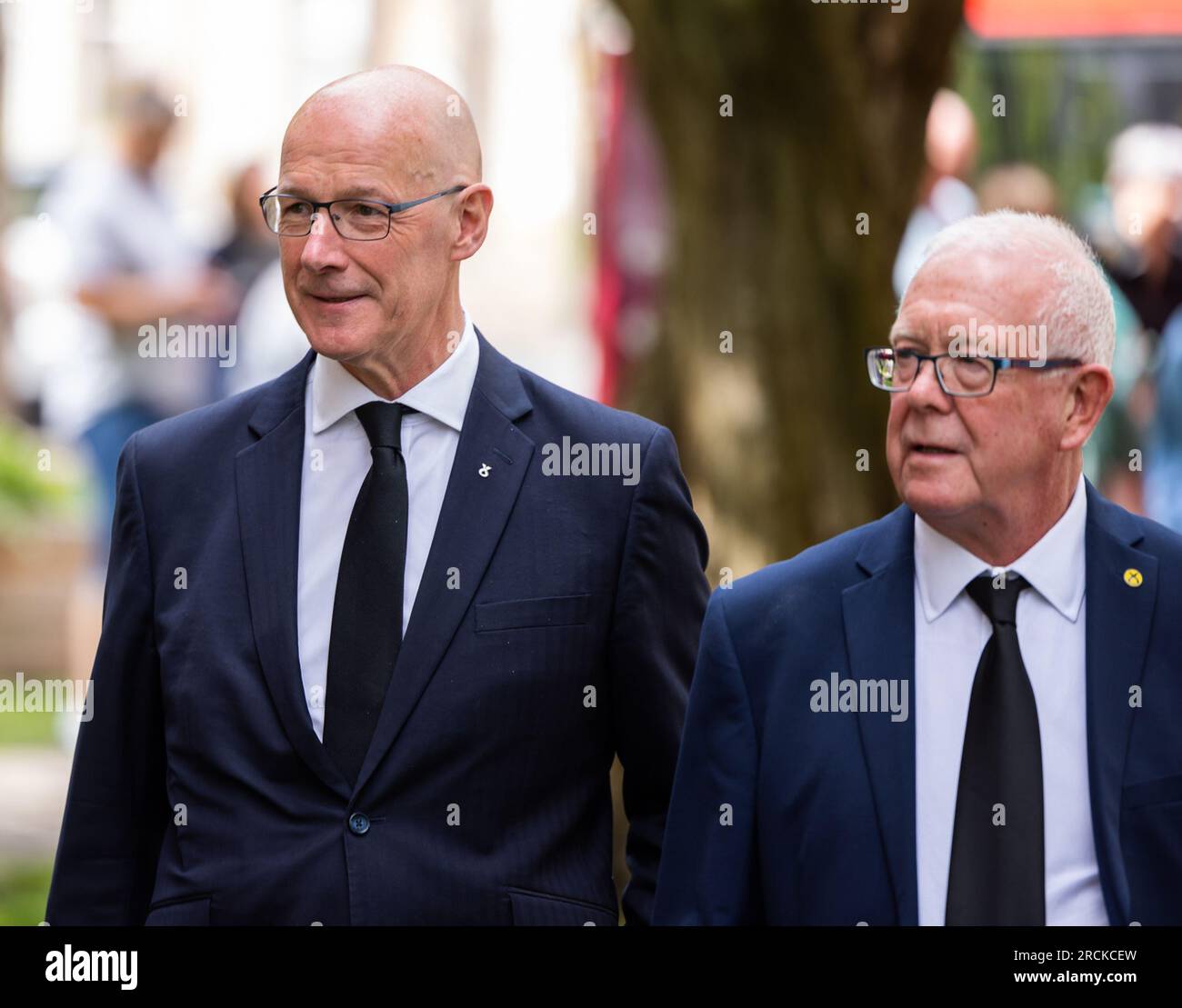 John Swinney (left) arrives for a memorial service at Inverness Cathedral, in Scotland, for the former SNP MP, MEP and MSP, Winnie Ewing, who died in June. Picture date: Saturday July 15, 2023. Stock Photo