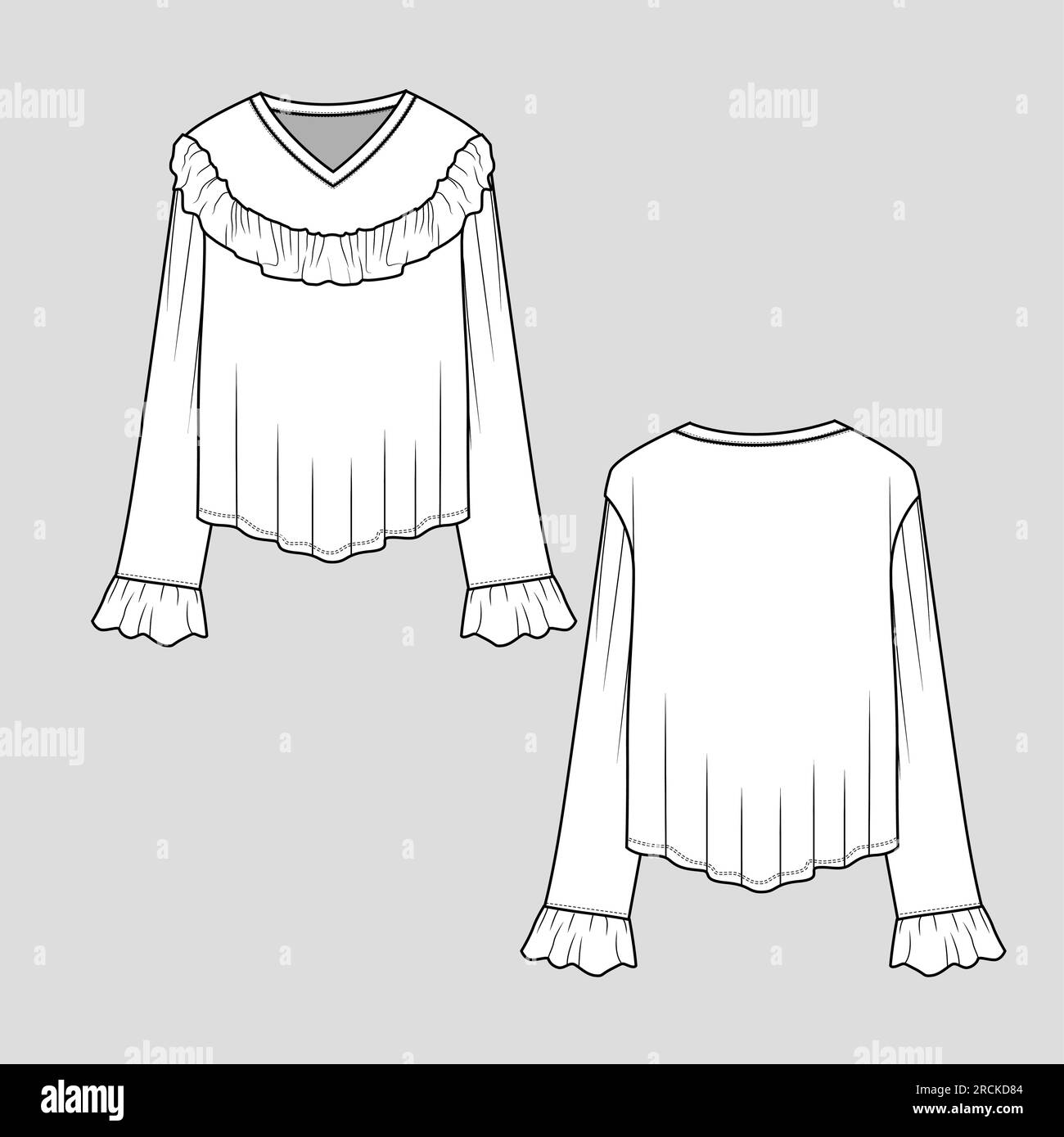 Fashion bell sleeve ruffles gathering tops blouse flat sketch technical drawing vector design Stock Vector
